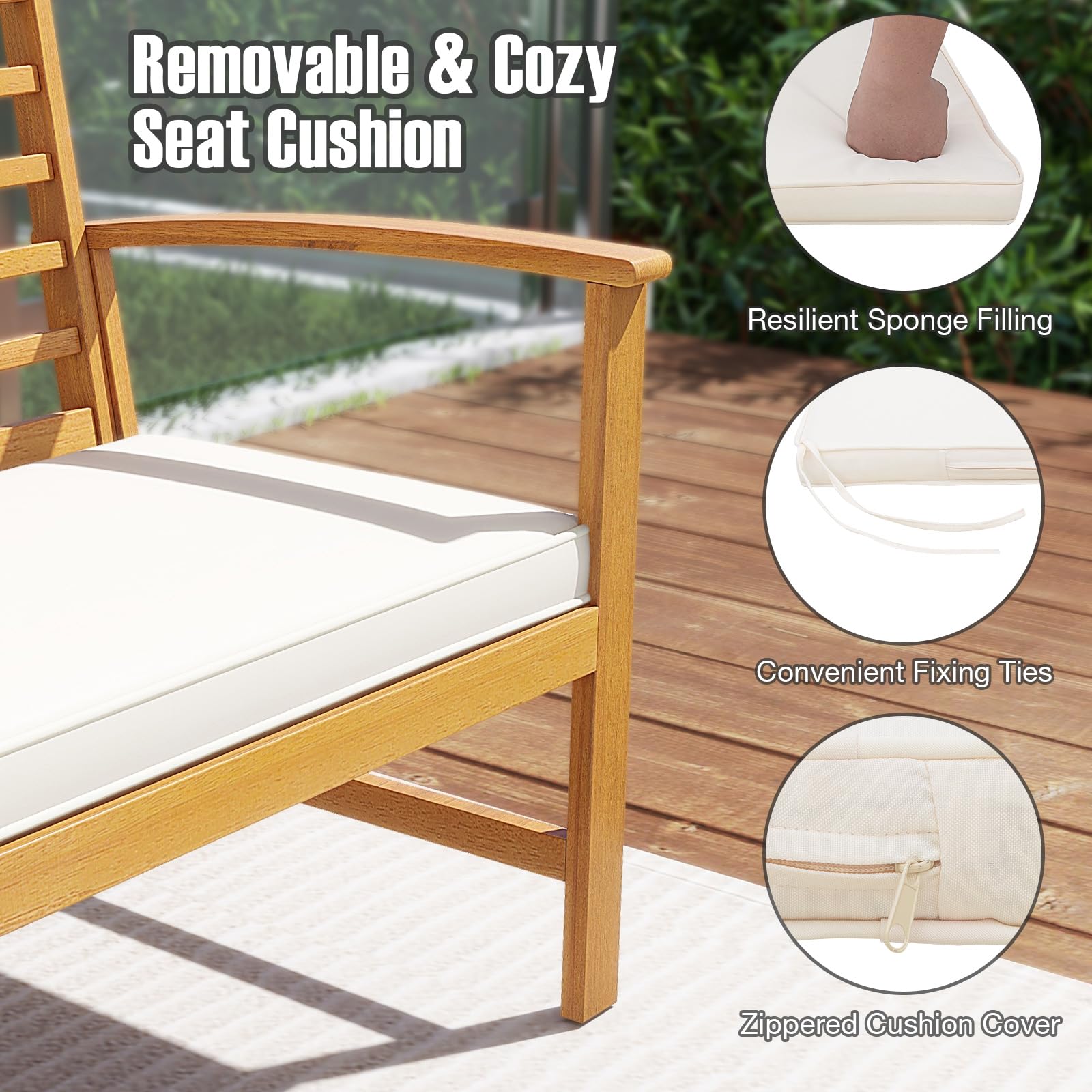 Giantex Acacia Wood Outdoor Bench, 3-Seat Patio Bench with Removable Cushion