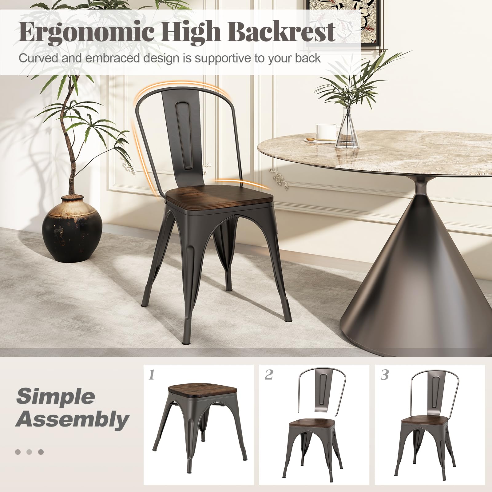 Giantex Metal Dining Chairs Set of 4, Stackable Kitchen Chairs with Wood Seat & Removable Backrest