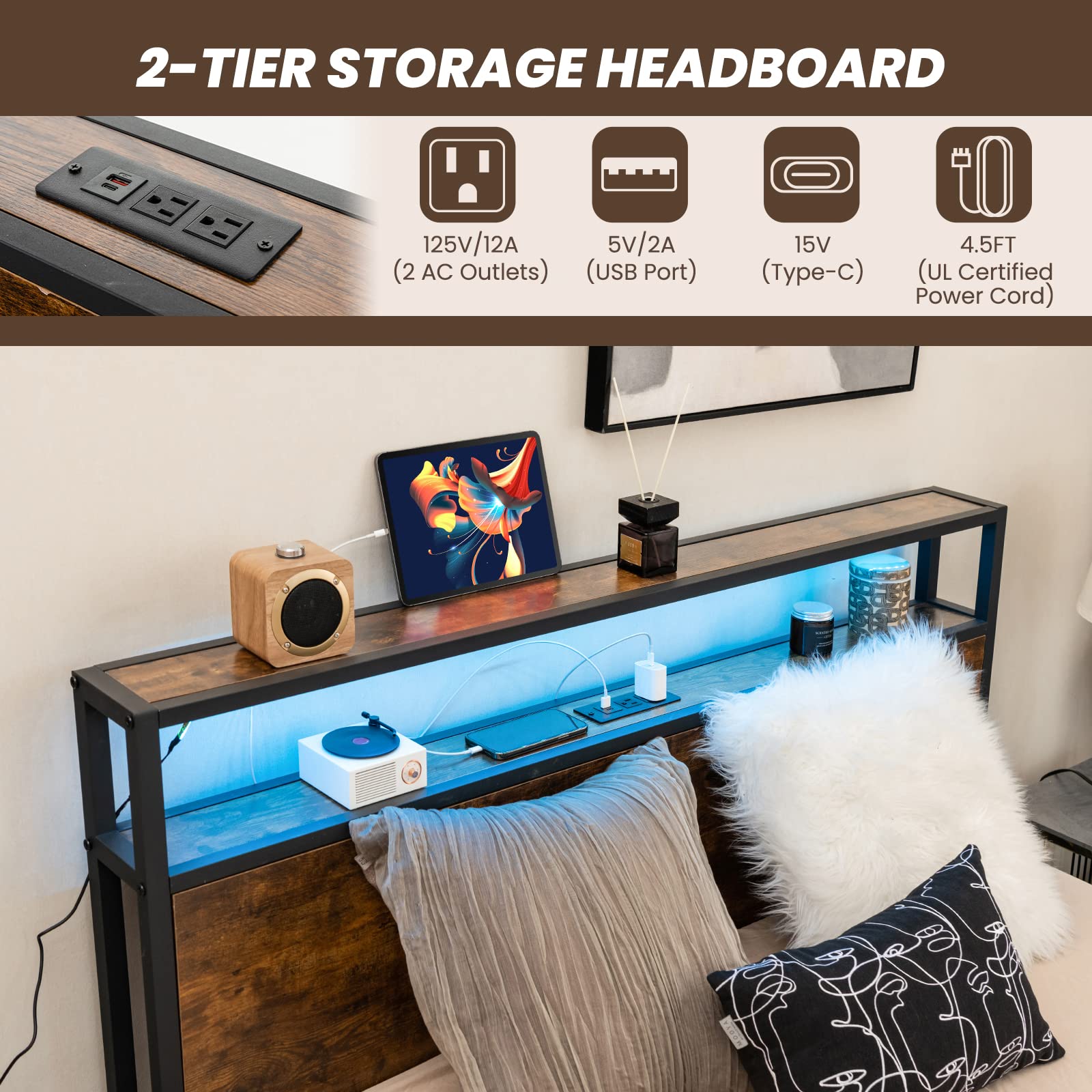 Queen/Full Bed Frame with LED Lights Headboard and 4 Storage Drawers - Guiantex