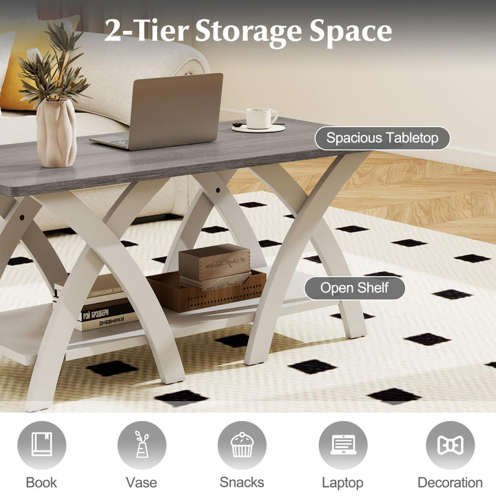 Giantex Farmhouse Coffee Table 2-Tier Wood Center Table with Storage Shelf & X-Shaped Support Legs