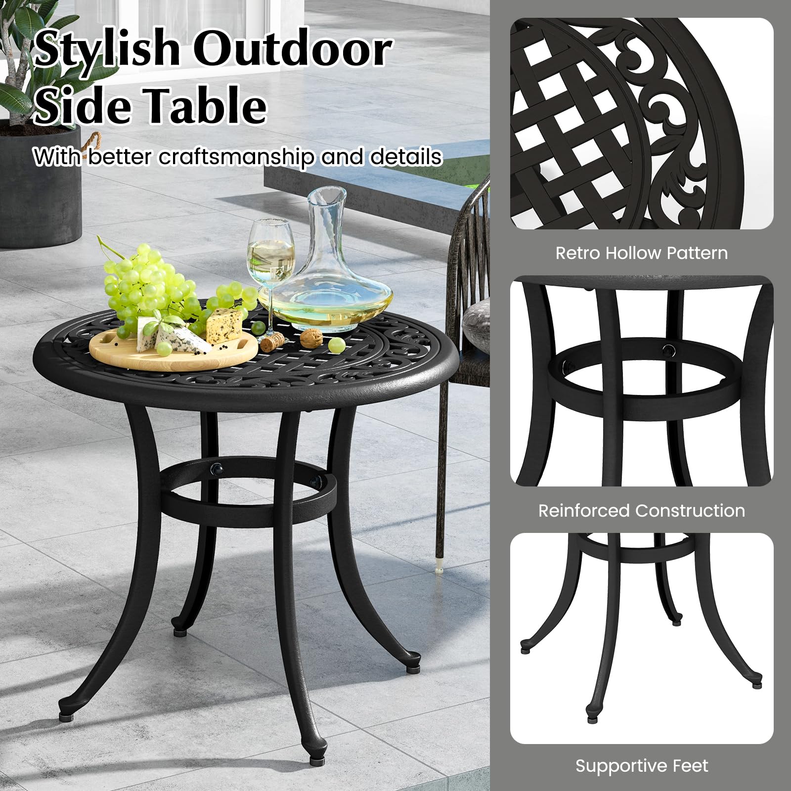 Giantex Patio Bistro Table, 24” Cast Aluminum Round Side Table, Outdoor Coffee Table for Porch, Pool, Backyard, Garden, Balcony