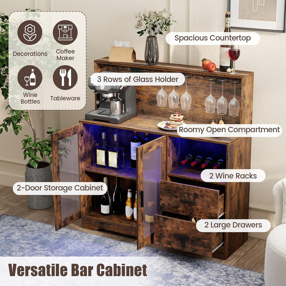 GIANTEX Wine Bar Cabinet with LED Lights &amp; Charging Station