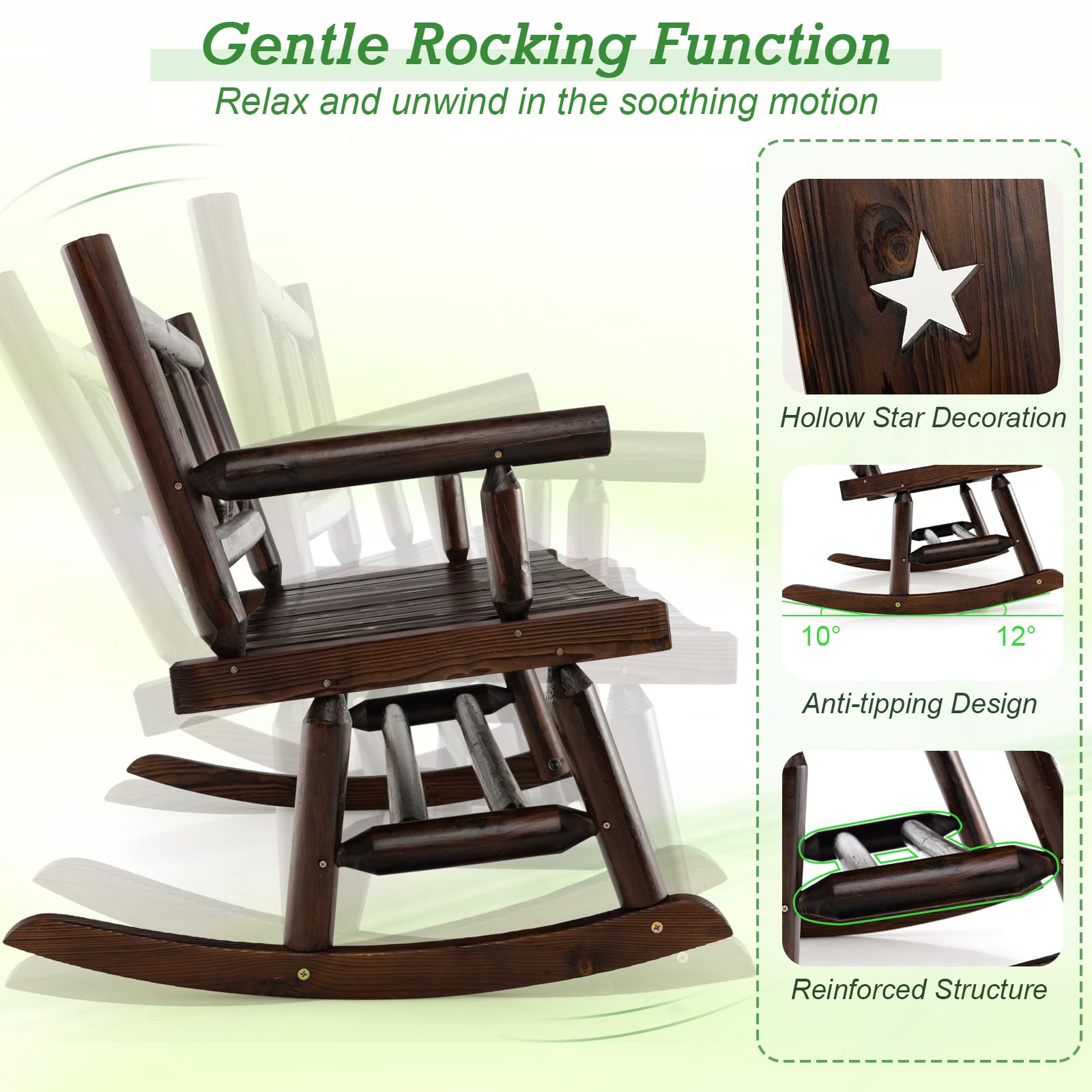Giantex Outdoor Rocking Bench, Patio Loveseat Rocker for 2 w/Ergonomic Back & Log Arms, Carbonized Fir Wood Frame