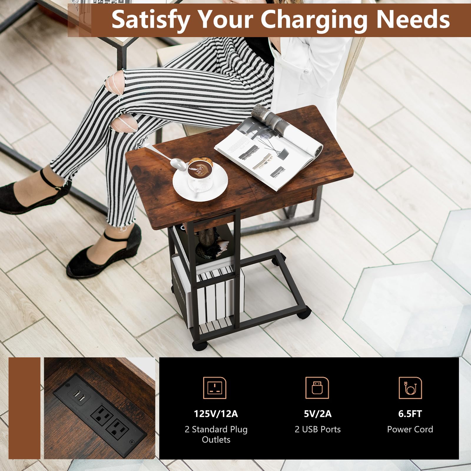 Giantex C-Shaped End Table with Charging Station Set