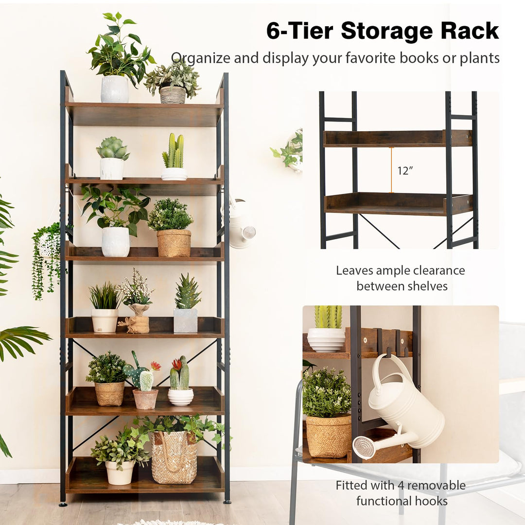 Giantex Industrial 6-Tier Bookshelf, 70" Tall Freestanding Storage Display Shelf with 4 Hooks