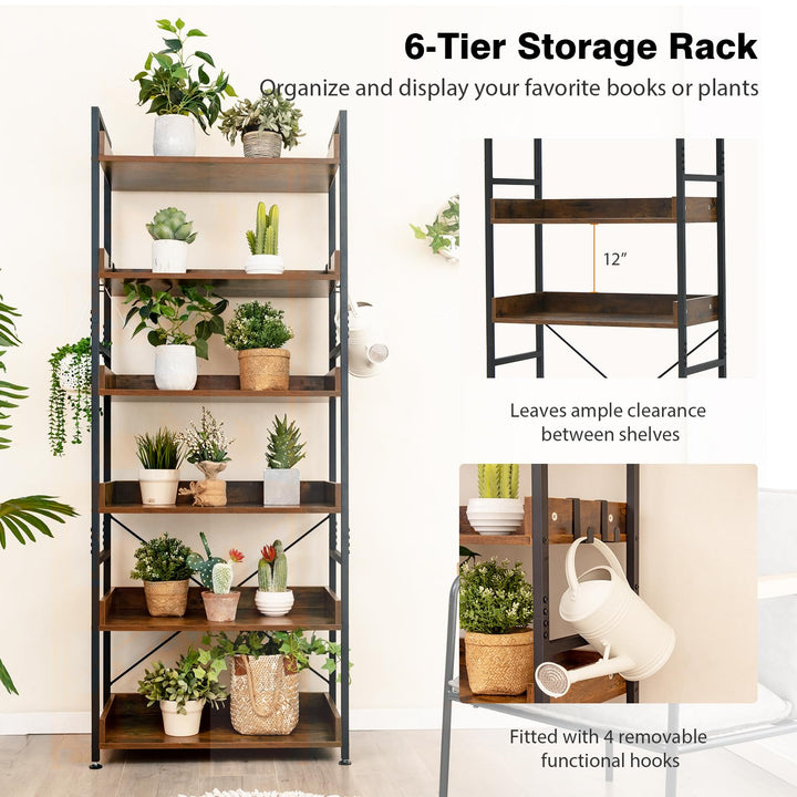 Giantex Industrial 6-Tier Bookshelf, 70" Tall Freestanding Storage Display Shelf with 4 Hooks