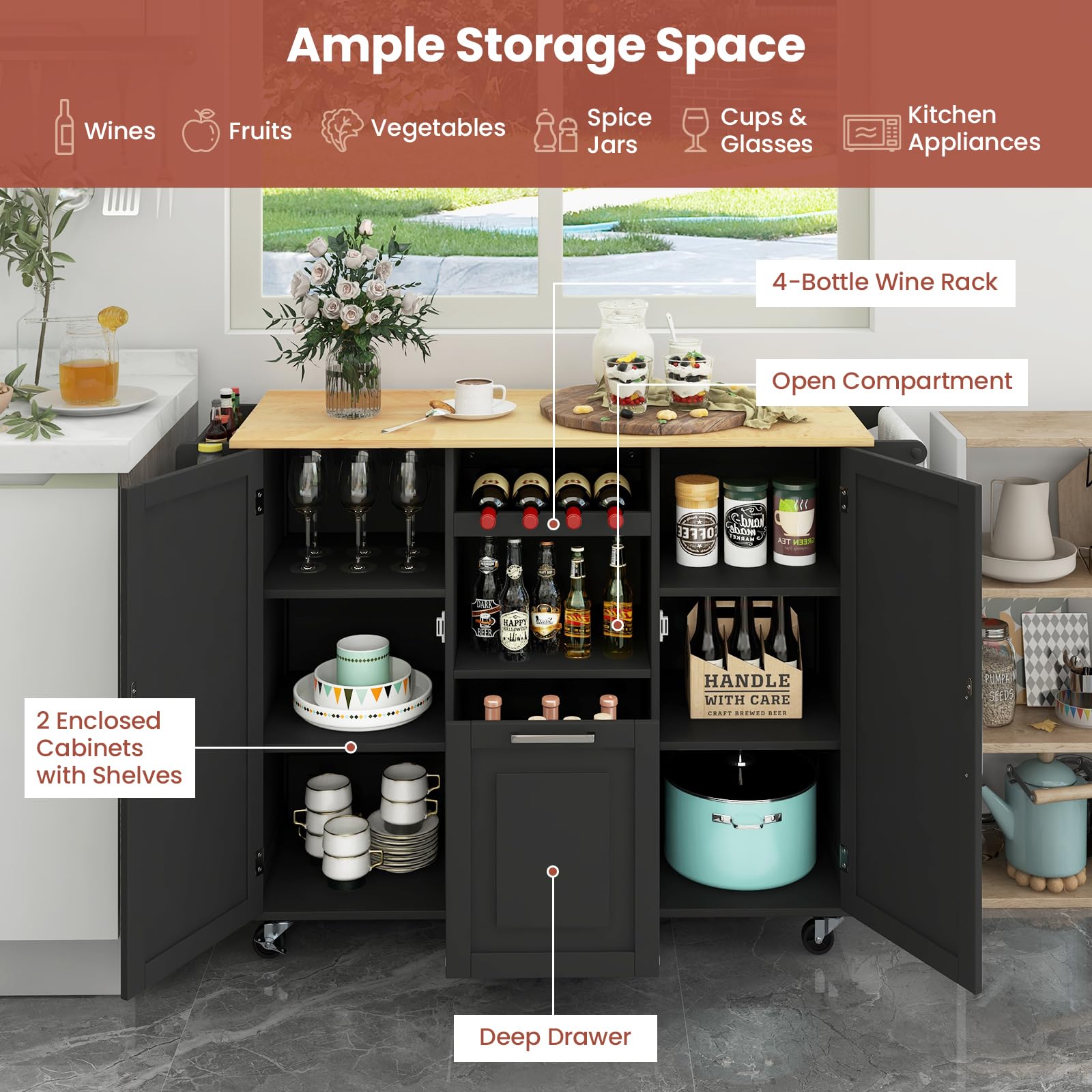 Mobile Kitchen Island, Black - Giantex