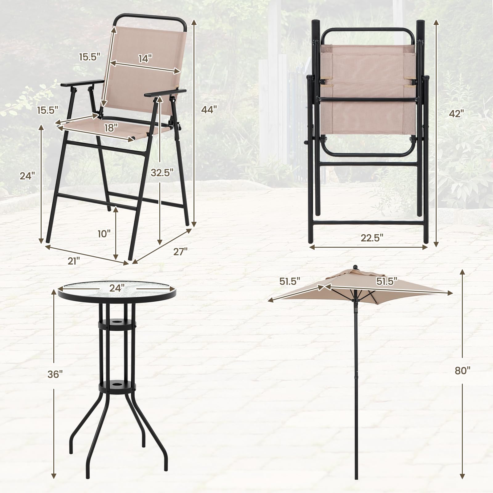 Giantex 4-Piece Outdoor Bar Set, Round High Top Bar Table with 2 Folding Counter Height Chairs & Umbrella