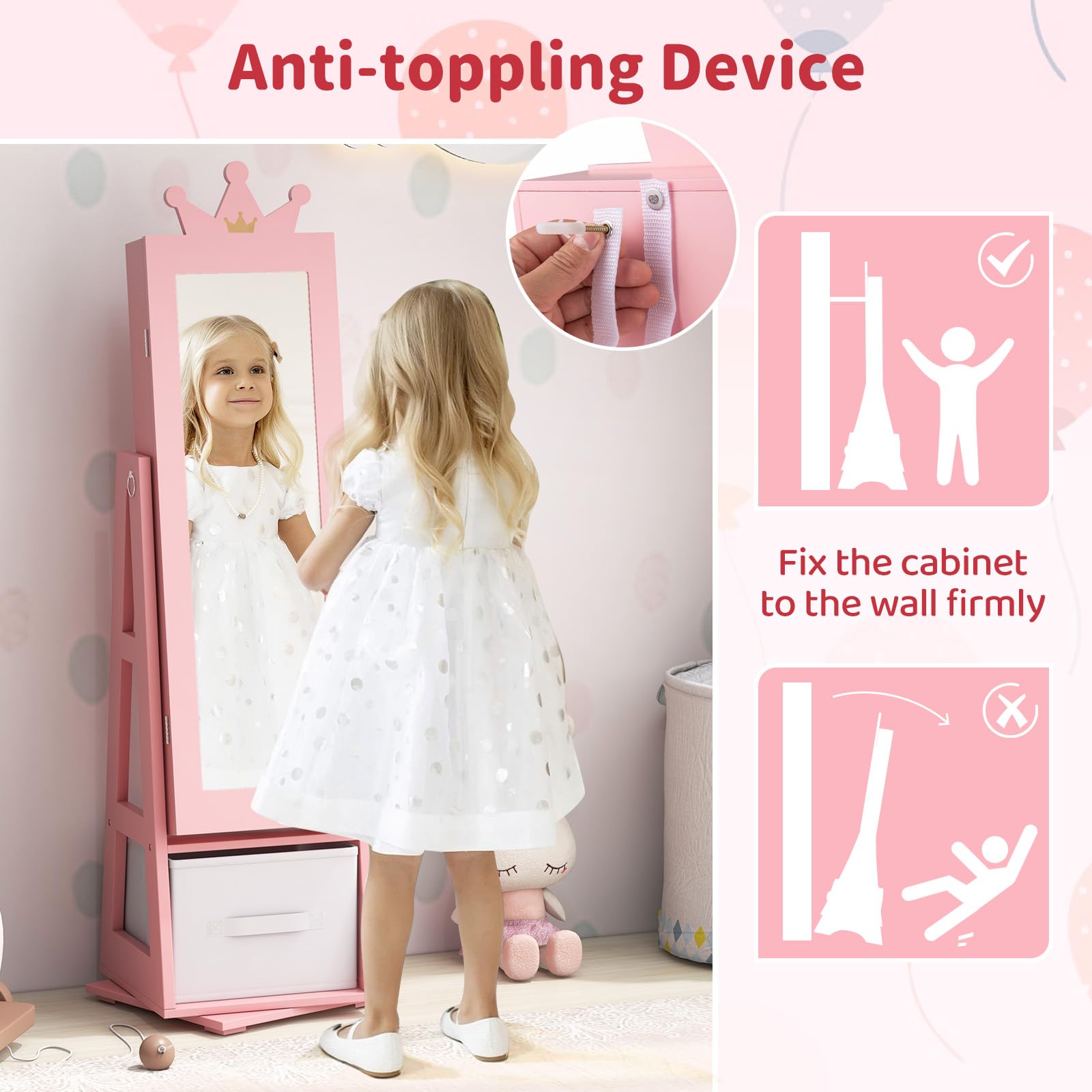 CHARMAID 360° Swivel Kids Jewelry Cabinet, 47" Full Length Mirror with Jewelry Storage