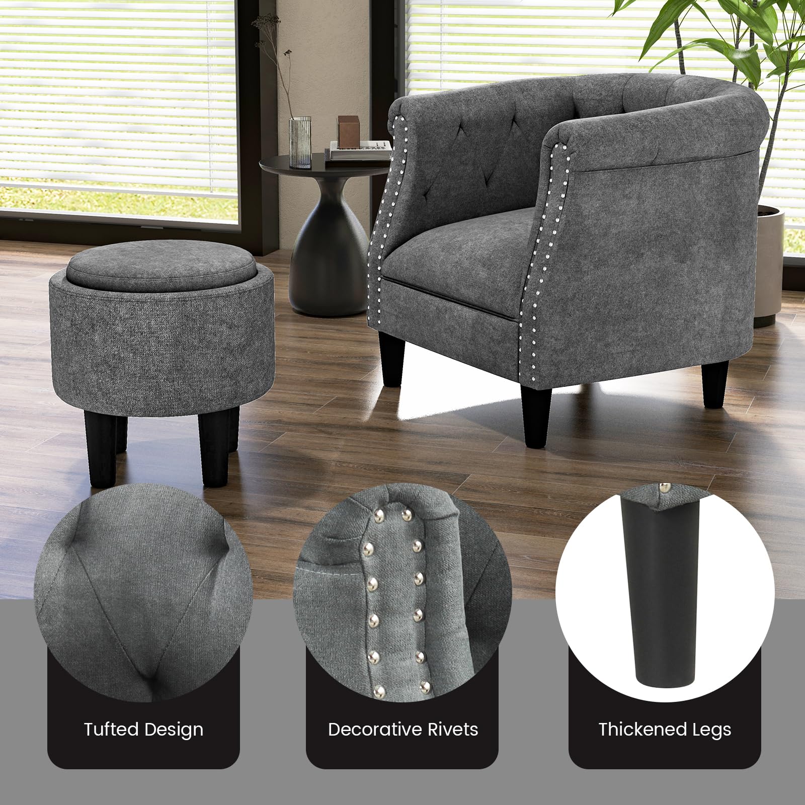 Giantex Accent Chair with Ottoman Set - Mid Century Modern Barrel Sofa Chair with Footrest (Grey)