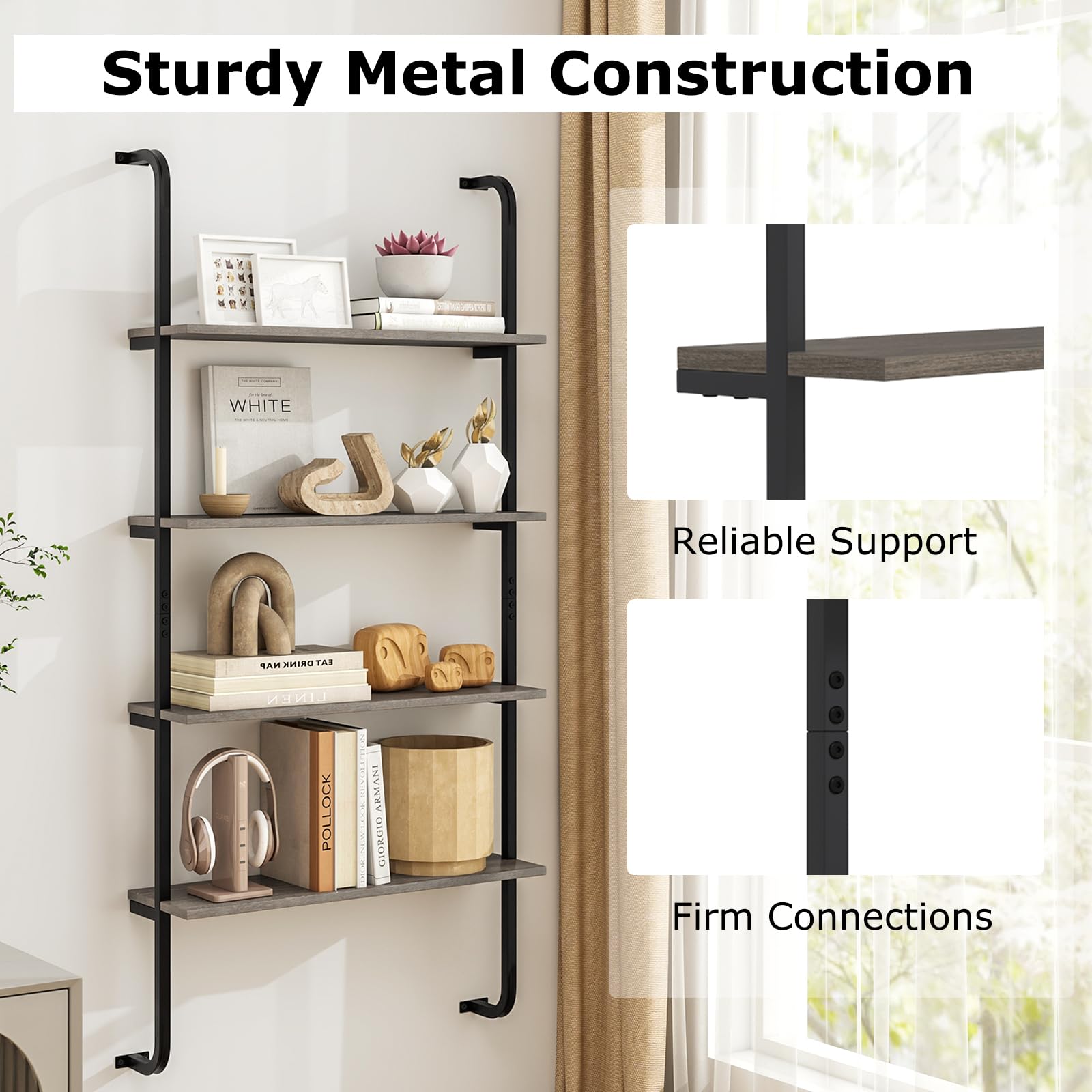 Giantex 4-Tier Industrial Bookshelf, Wall Mounted Pipe Shelving Unit, Floating Shelves with Metal Frame