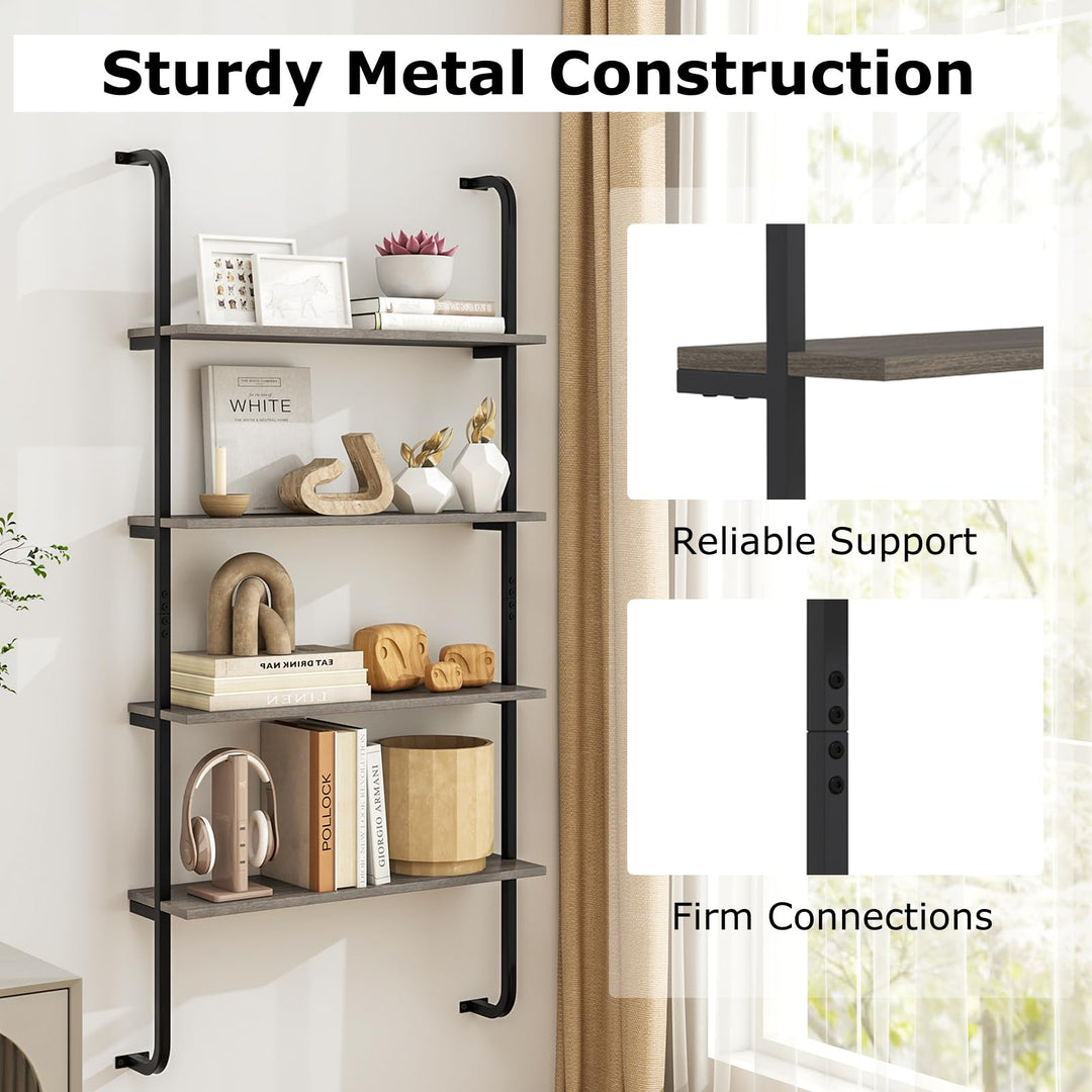 Giantex 4-Tier Industrial Bookshelf, Wall Mounted Pipe Shelving Unit, Floating Shelves with Metal Frame