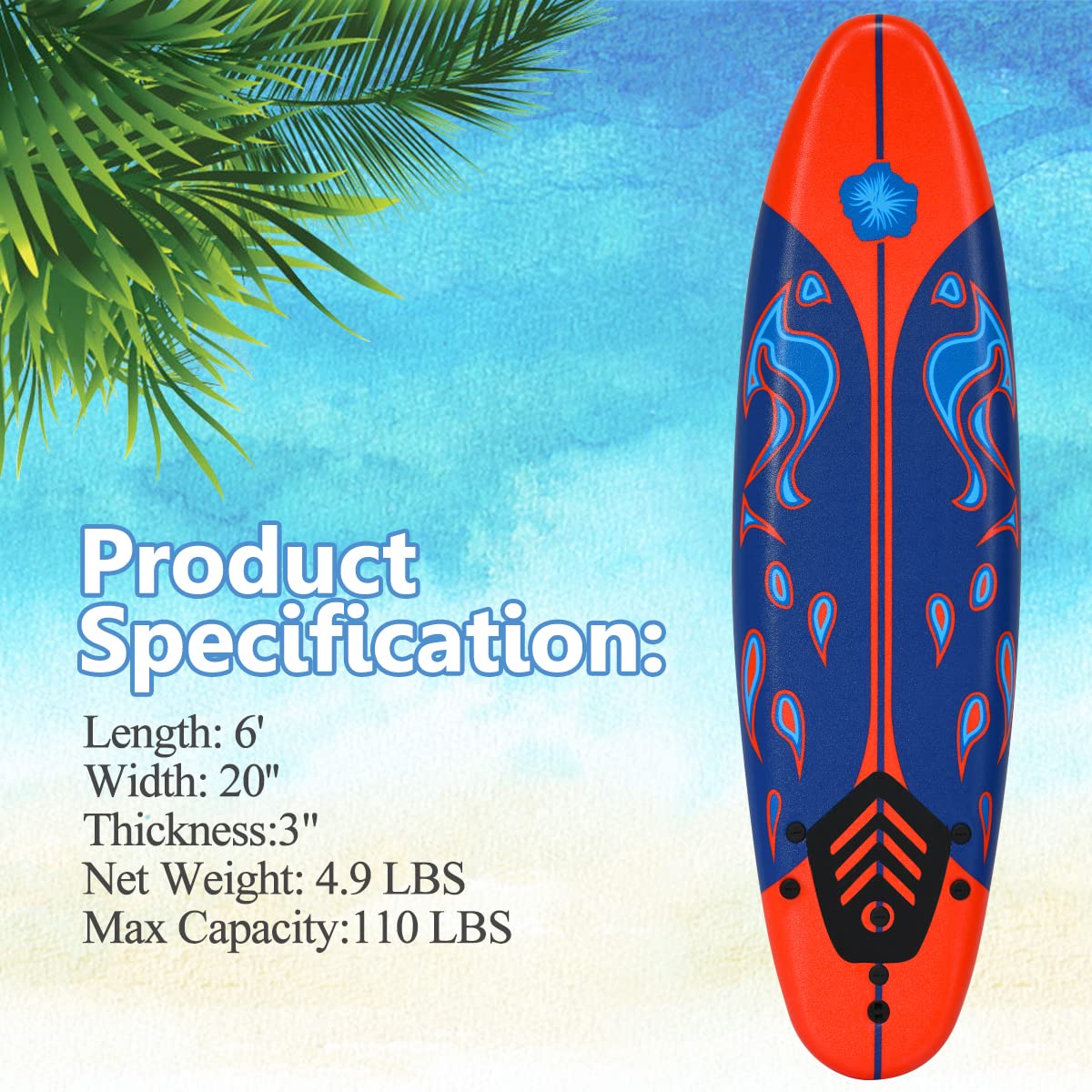 Giantex 6' Surfboard Surfing Surf Beach Ocean Body Foamier Board with Removable Fins