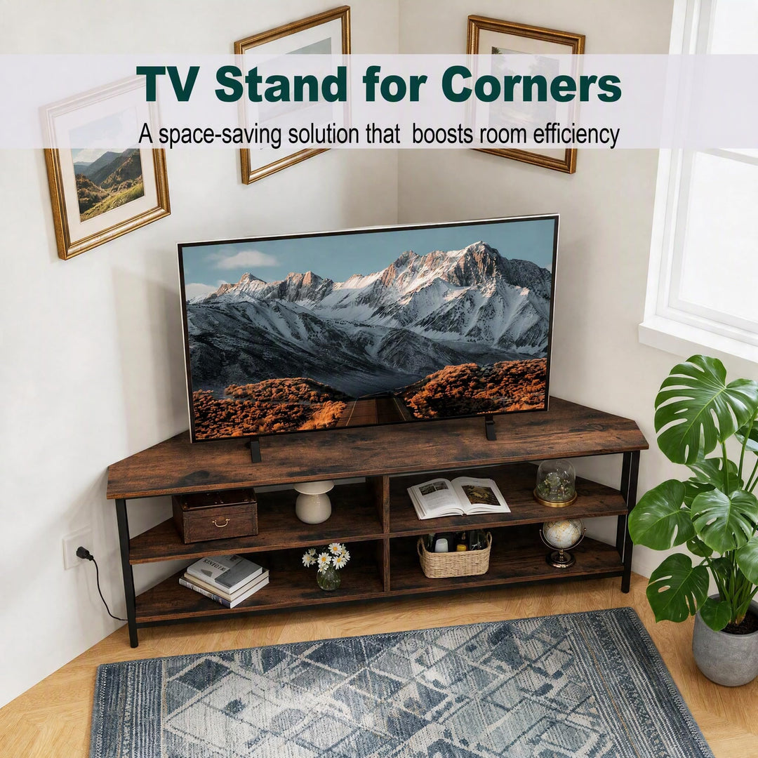 GIANTEX Corner TV Stand for 65 Inch TV with Power Outlets &amp; 4 Open Storage Compartments