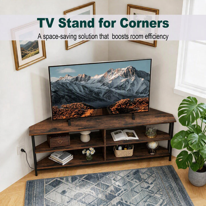 GIANTEX Corner TV Stand for 65 Inch TV with Power Outlets &amp; 4 Open Storage Compartments