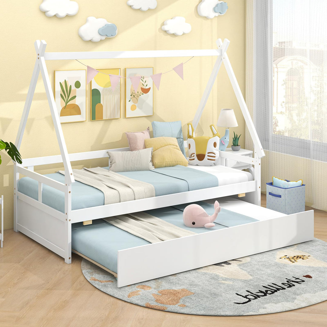Giantex Twin House Bed with Trundle, Wood Montessori Tent Bed Frame with Safety Guardrail