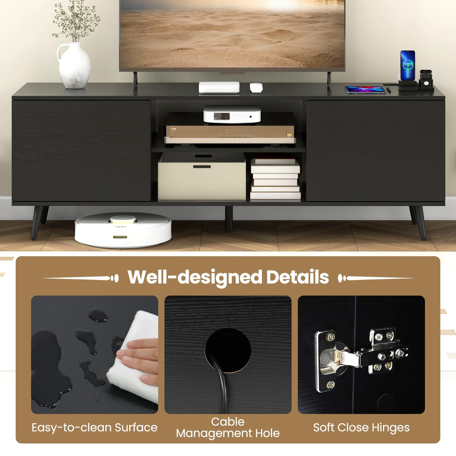 Giantex TV Stand with Power Outlet for TVs up to 60'', Entertainment Center with Cable Hole, Cabinets
