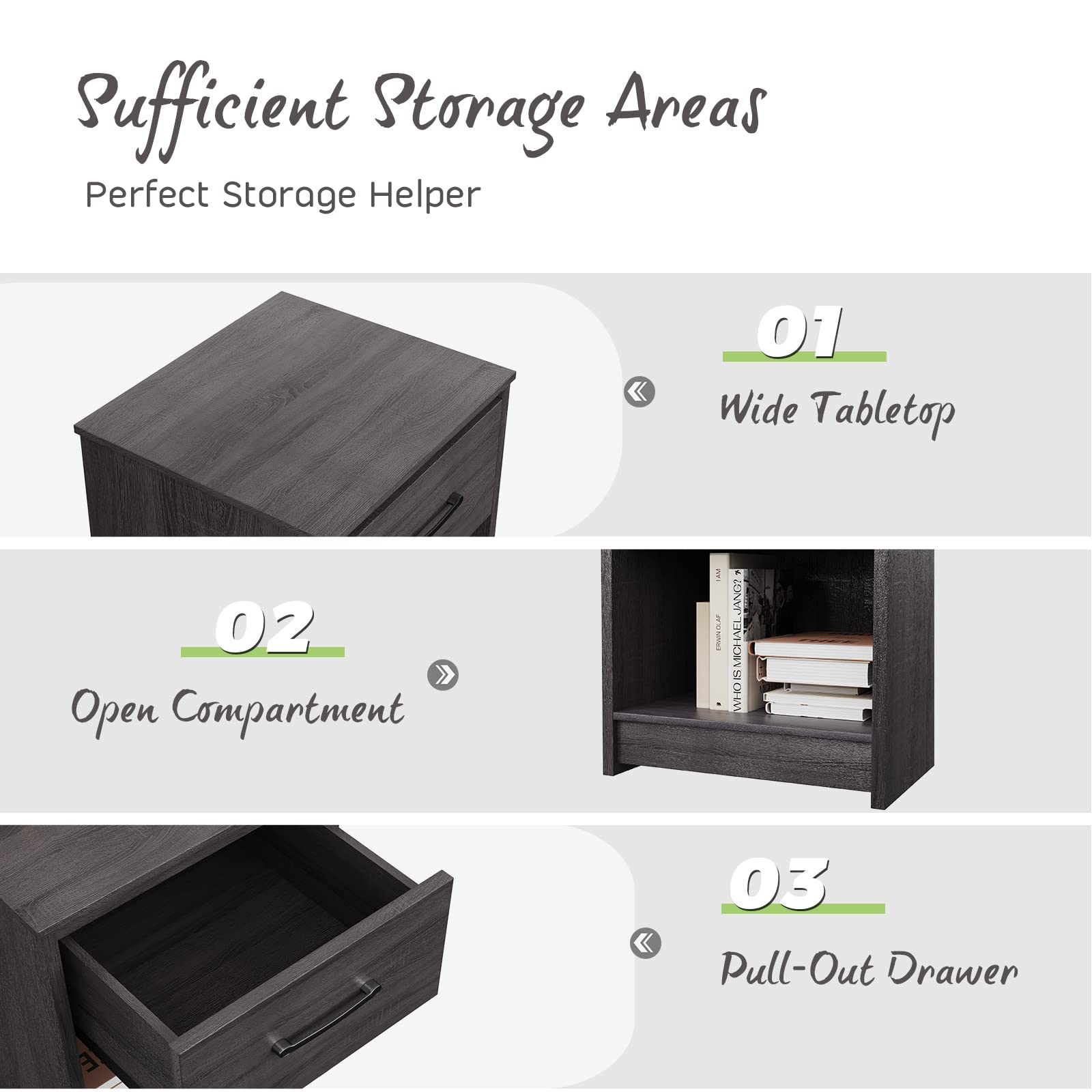 Nightstand w/Drawer, Wooden End Table w/Open Storage Compartment