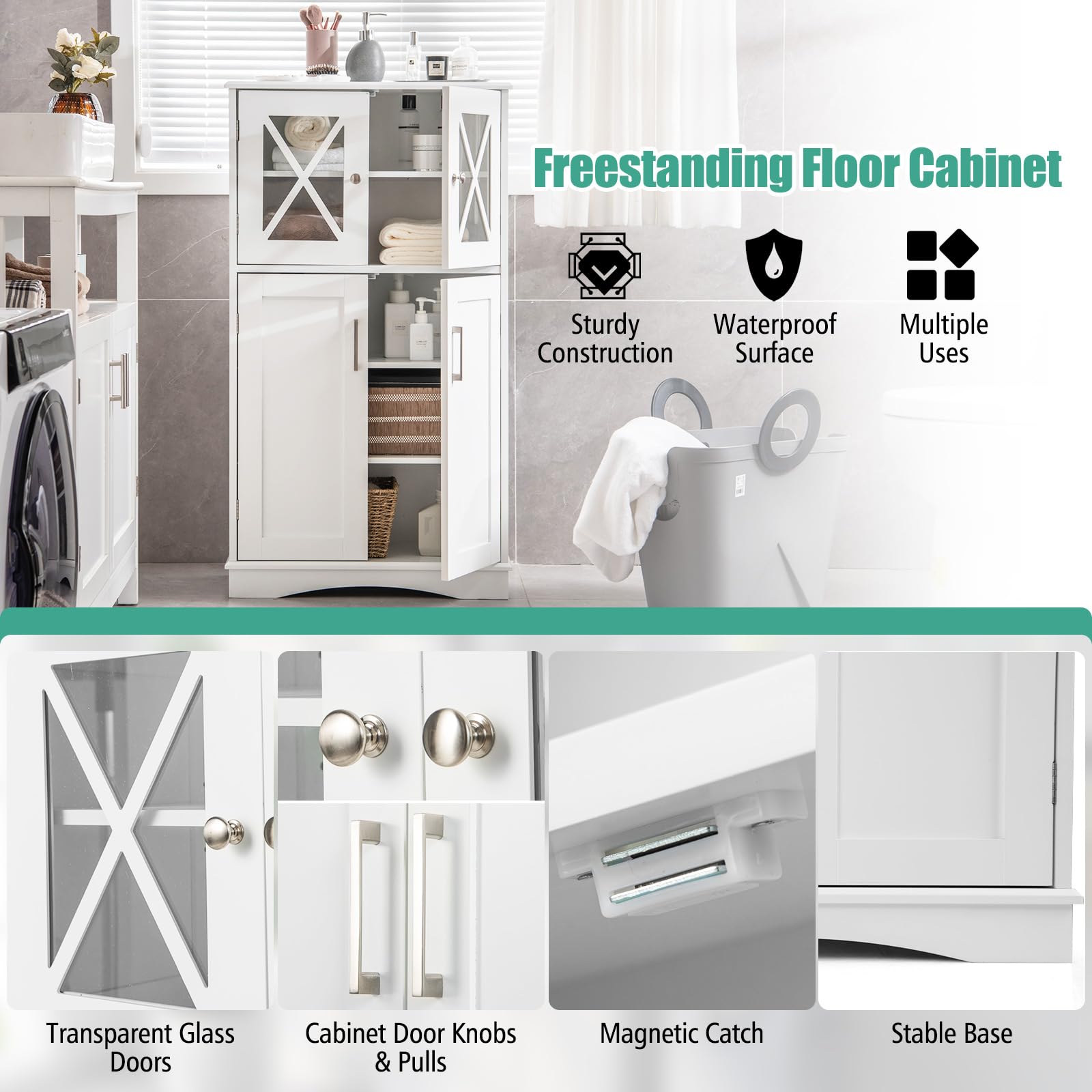 Giantex Bathroom Floor Storage Cabinet - Linen Floor Cabinet with Doors and Adjustable Shelves