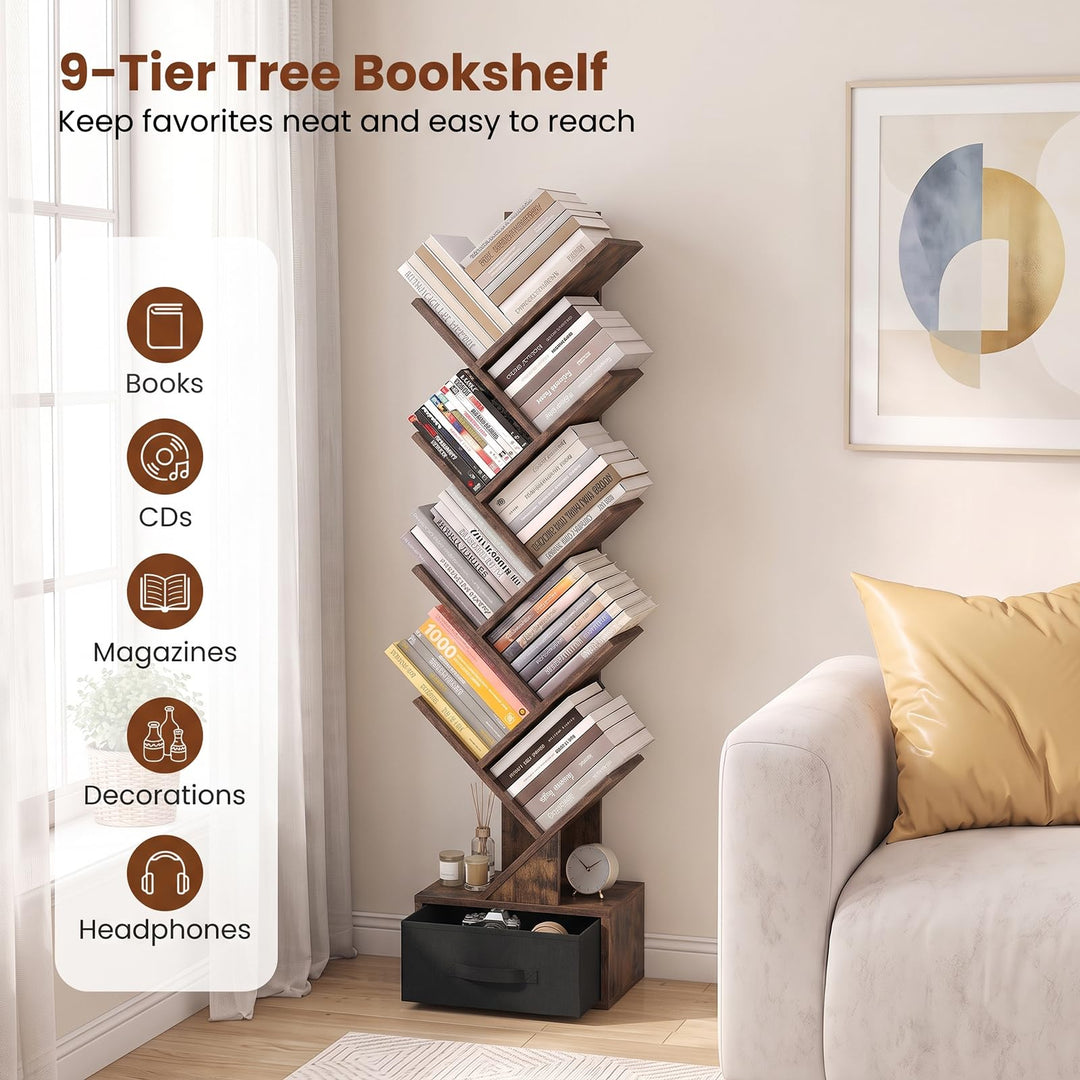 GIANTEX 9-Tier Tree Bookshelf | Tall Small Bookcase with Drawer