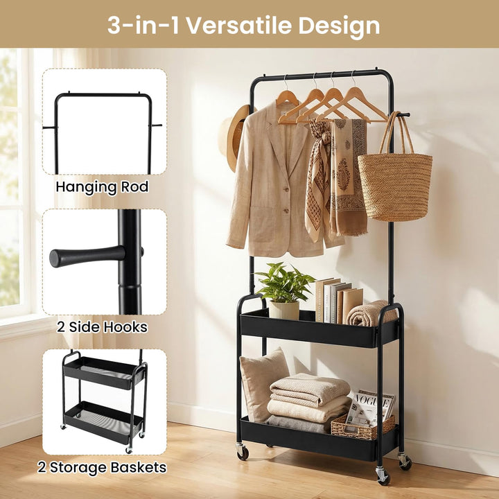 Giantex Heavy-Duty Rolling Clothes Rack with 2 Storage Baskets &amp; Side Hooks