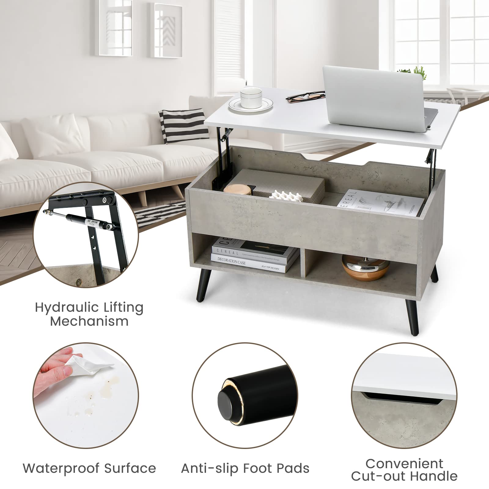 Giantex Lift Top Coffee Table, Modern Cocktail Table w/Hidden Compartment & 2 Open Shelves