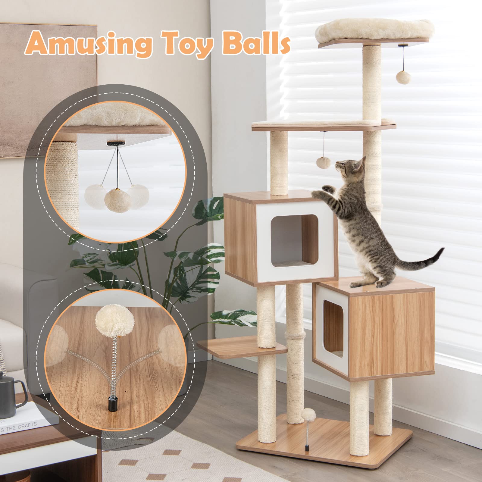 Giantex Multi-Layer Cat Tree, 64.5 inches Cat Tower with Natural Sisal Scratching Posts, 2 Condos, Padded Perch