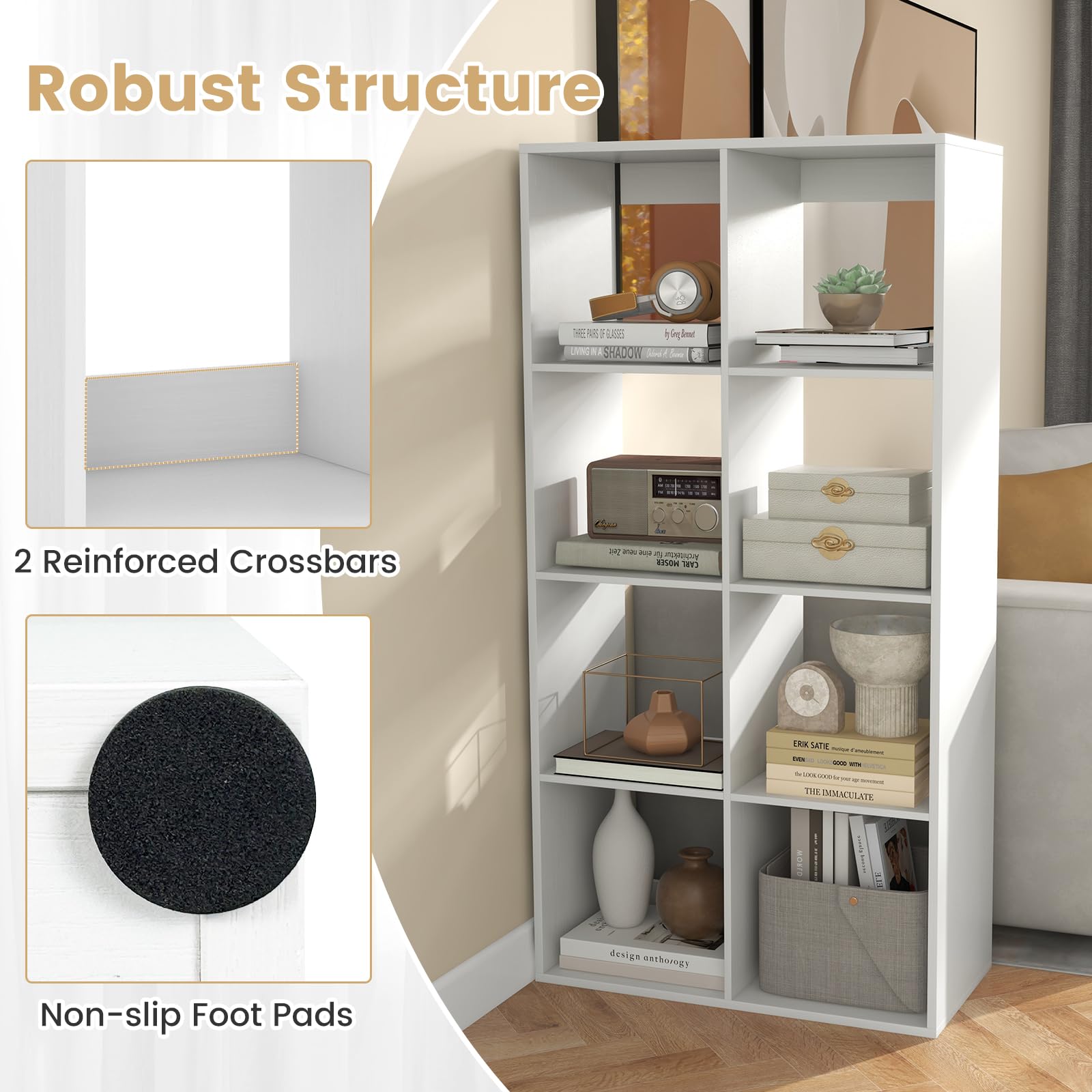 Giantex 8-Cube Bookcase, White Cubby Bookshelf w/Back Guardrail & Anti-Tipping Kits