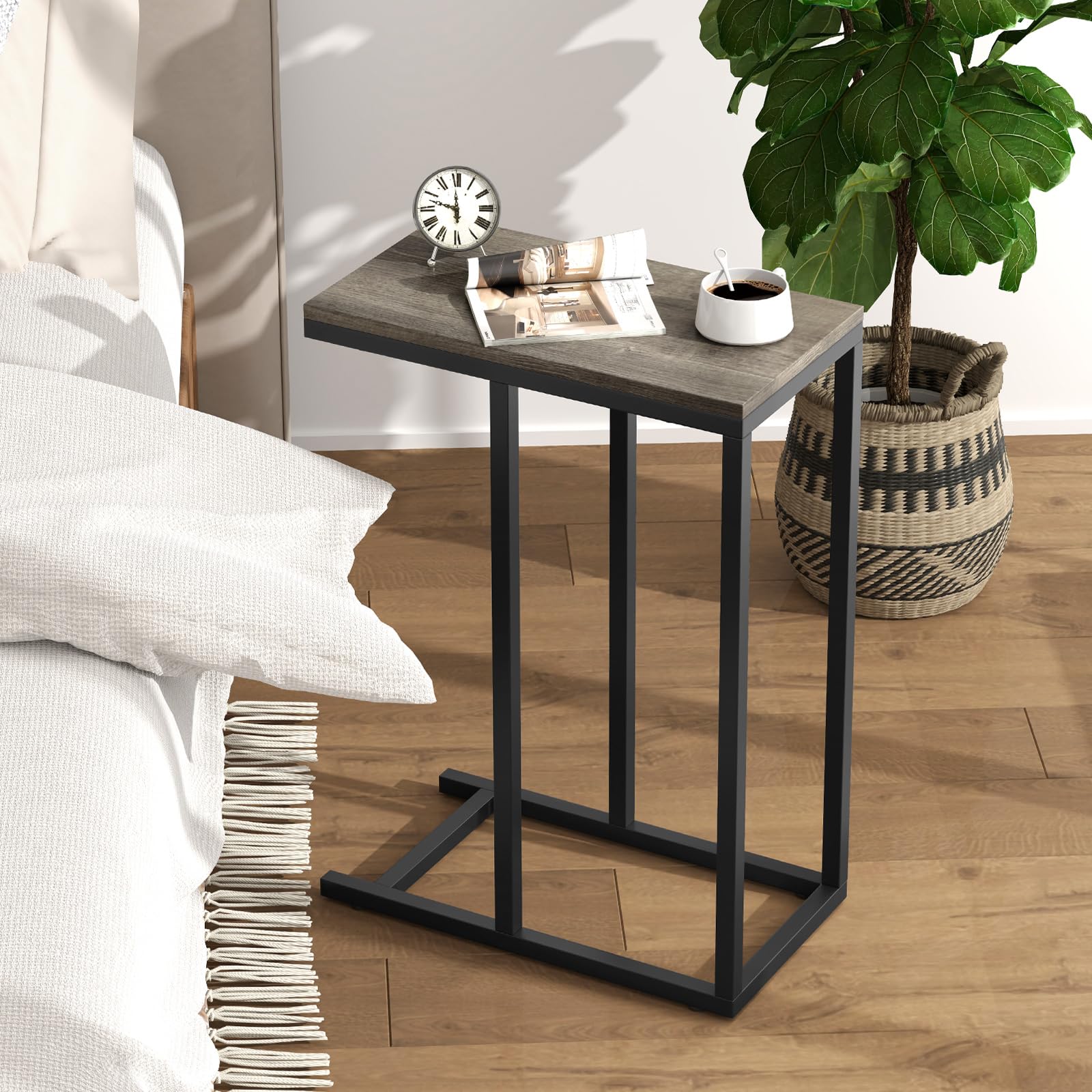 Giantex C Shaped End Table, Small Side Table for Sofa, Couch Table That Slide Under with Metal Frame