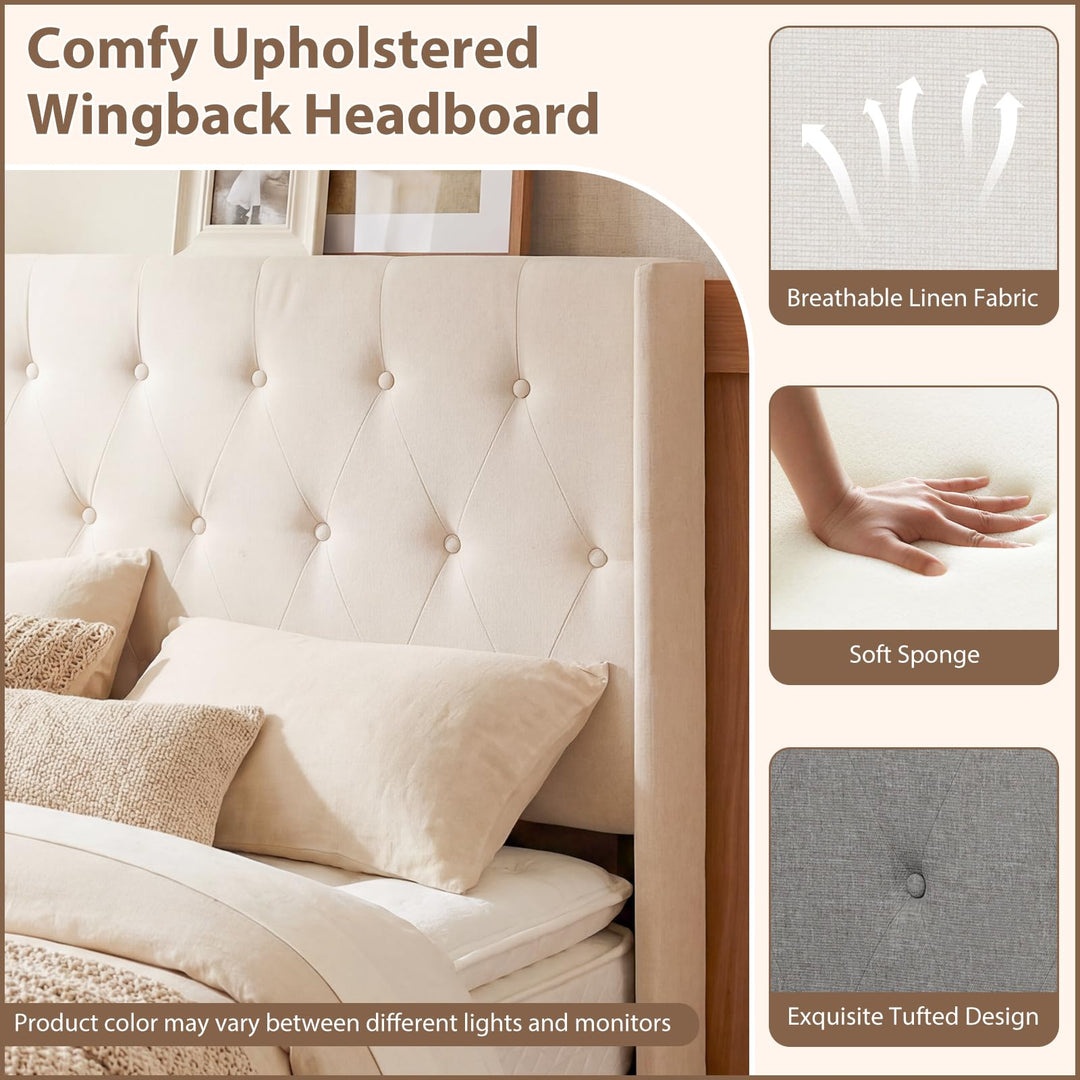 Giantex Modern Linen Upholstered Platform w/Button Tufted Wingback Headboard &amp; Hydraulic Support