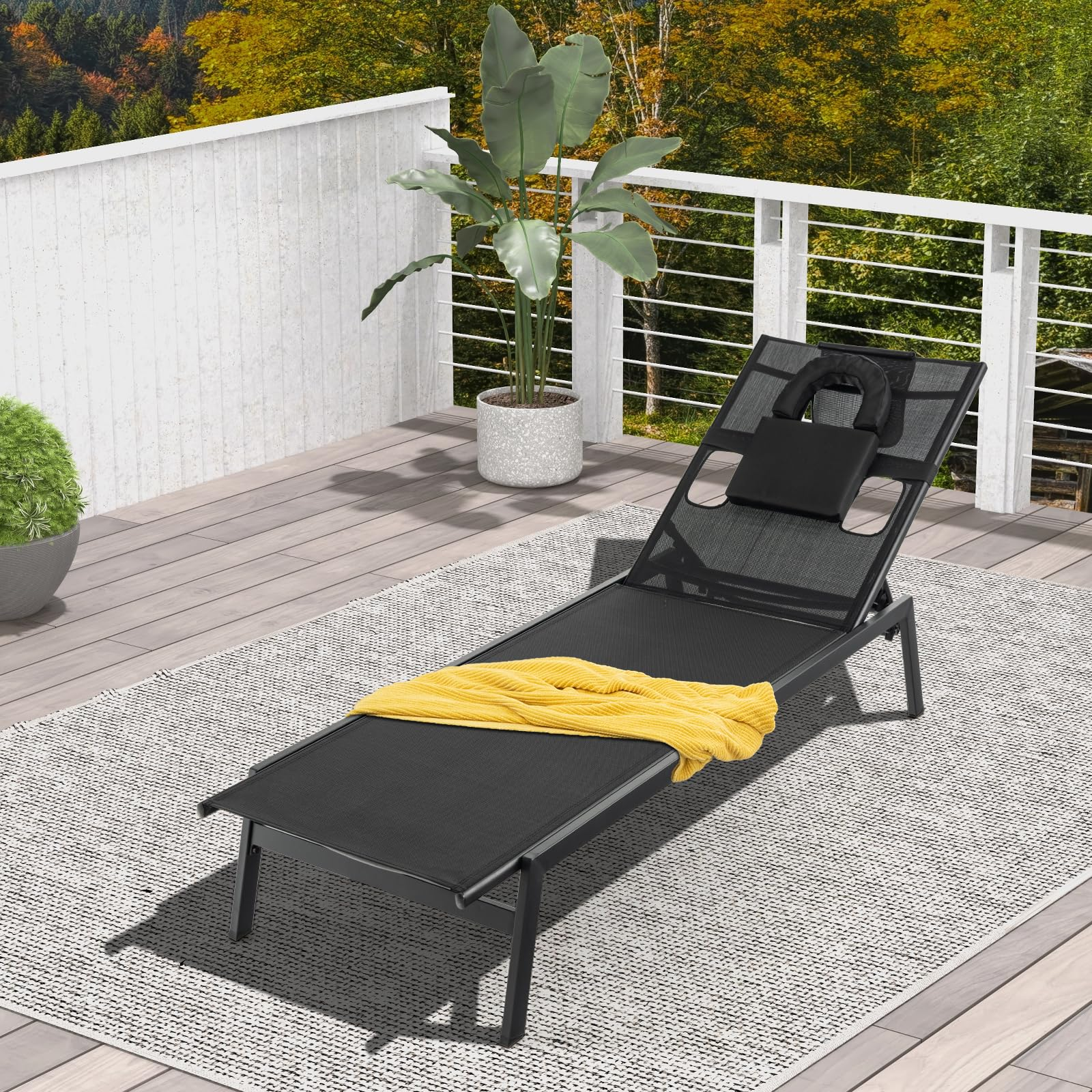 Giantex Patio Chaise Lounge Chair - Outdoor Lounge Chaise with Face Hole, Detachable Head Pillows, Black