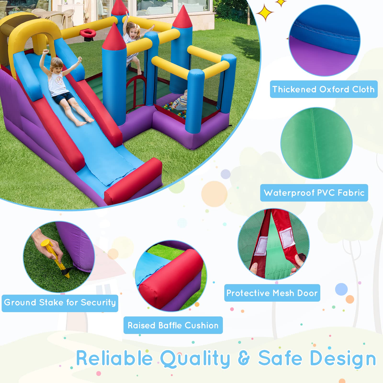 5-in-1 Inflatable Bounce Castle, Giant Blowup Jumping House with Slide for Kids w/735W Air Blower