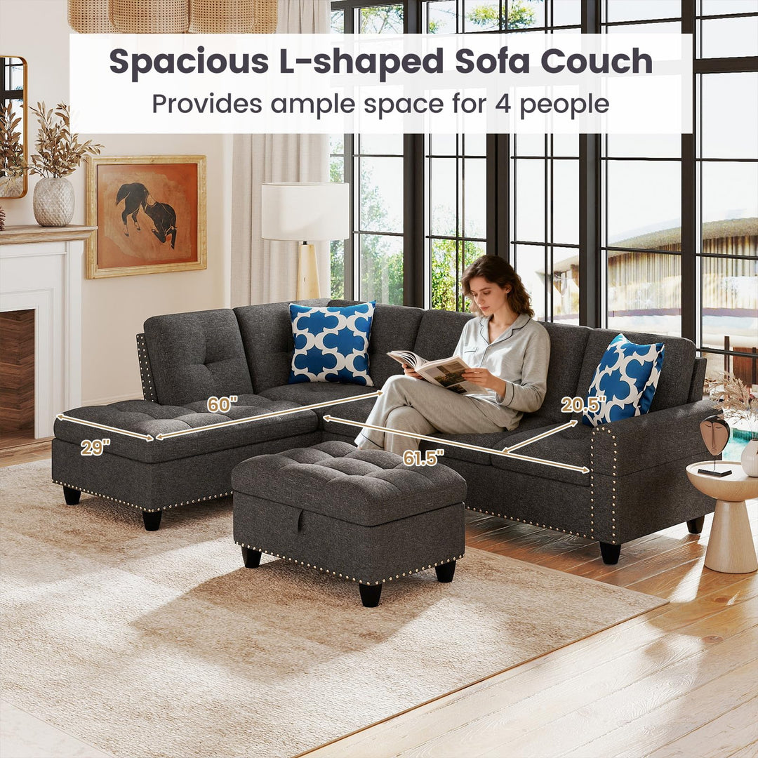 Giantex 98 Inches Sectional Sofa Couch with Movable Storage Ottoman and Linen Fabric Backs