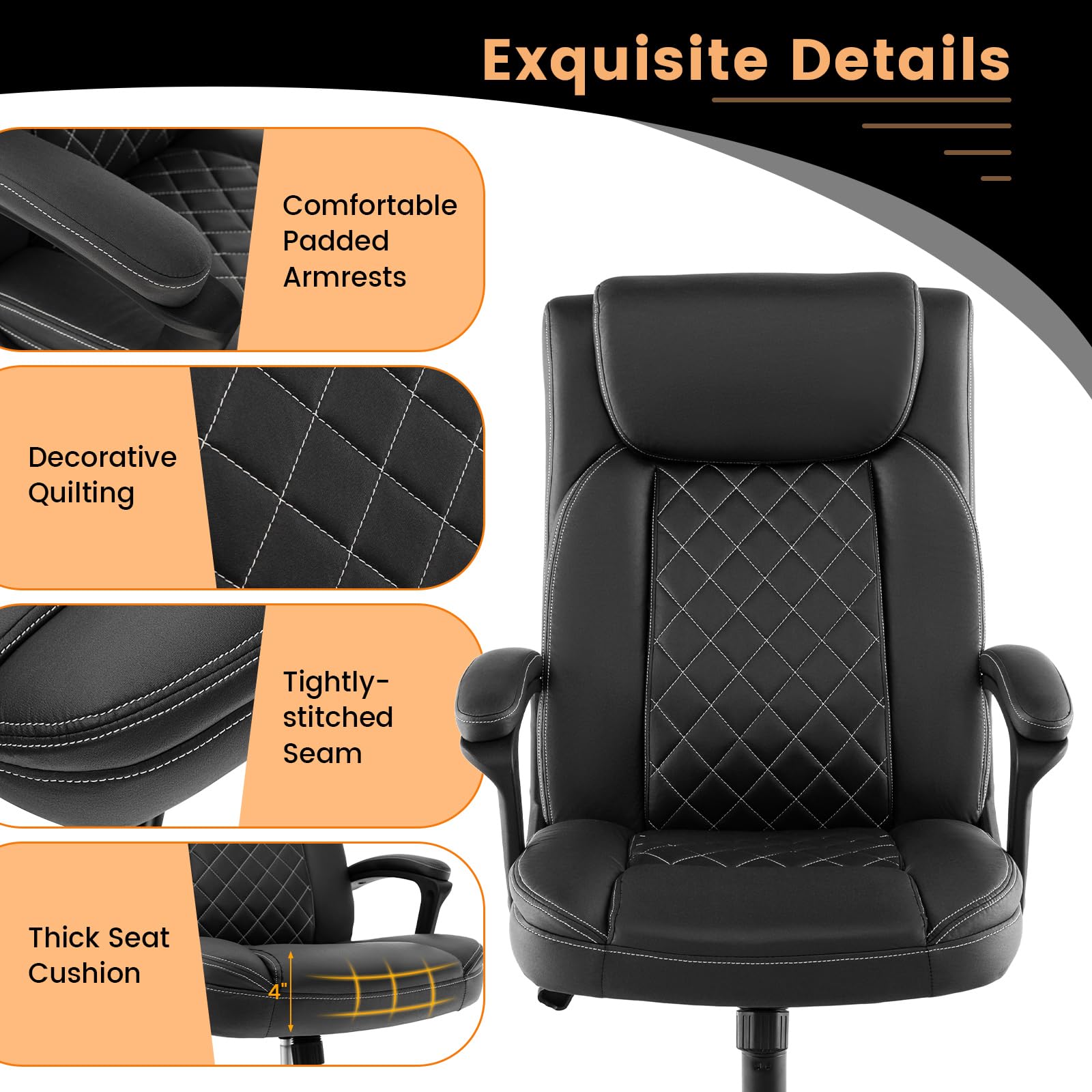 Giantex Executive Office Chair, Leather Like Desk Chair with Thick Headrest Cushion & Padded Armrests, Black