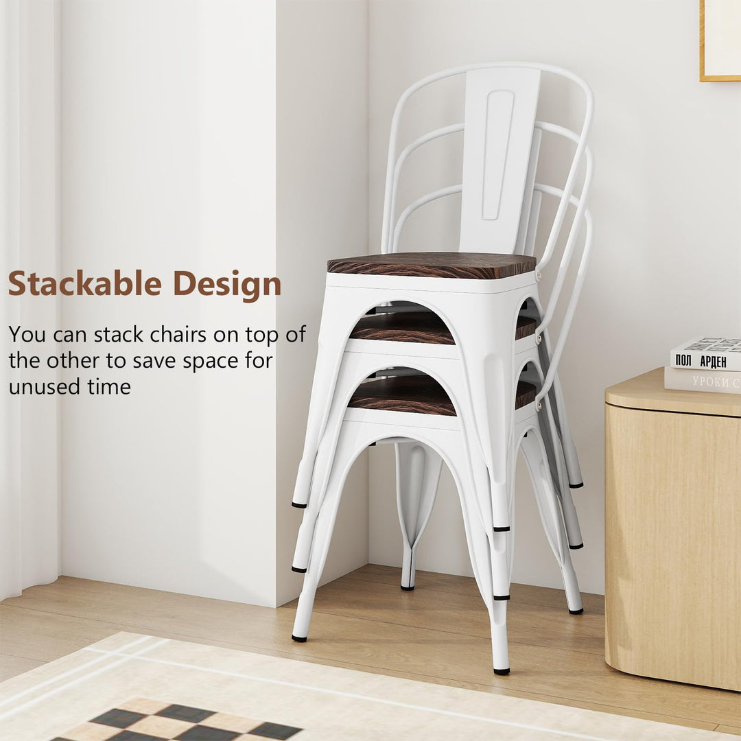 Giantex Metal Dining Chairs Set of 4 Stackable Armless Kitchen Chairs w/Elm Wood Seat