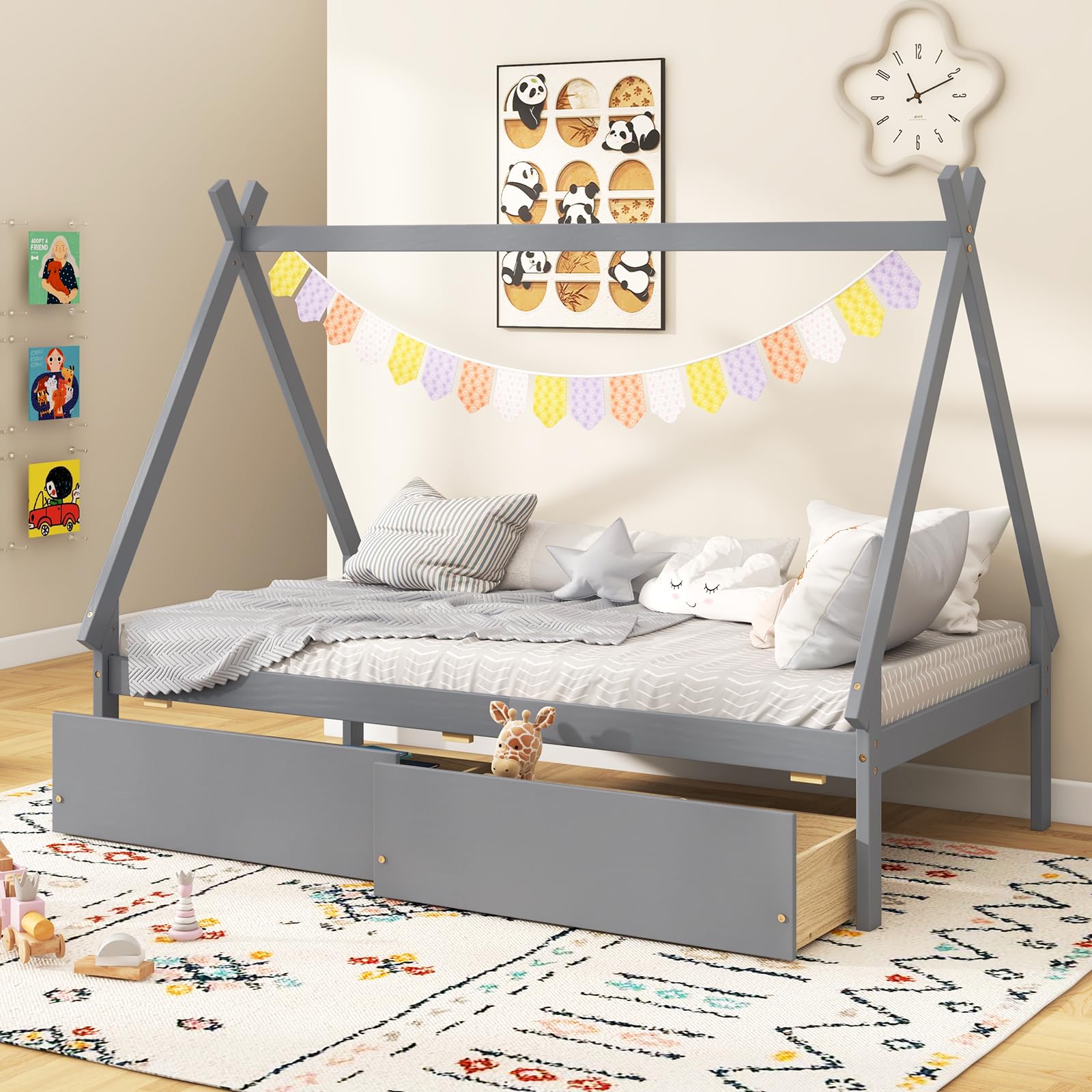 Giantex Twin Bed Frame with 2 Storage Drawers, Wood House Tent Platform Bed Frame with Triangle Structure