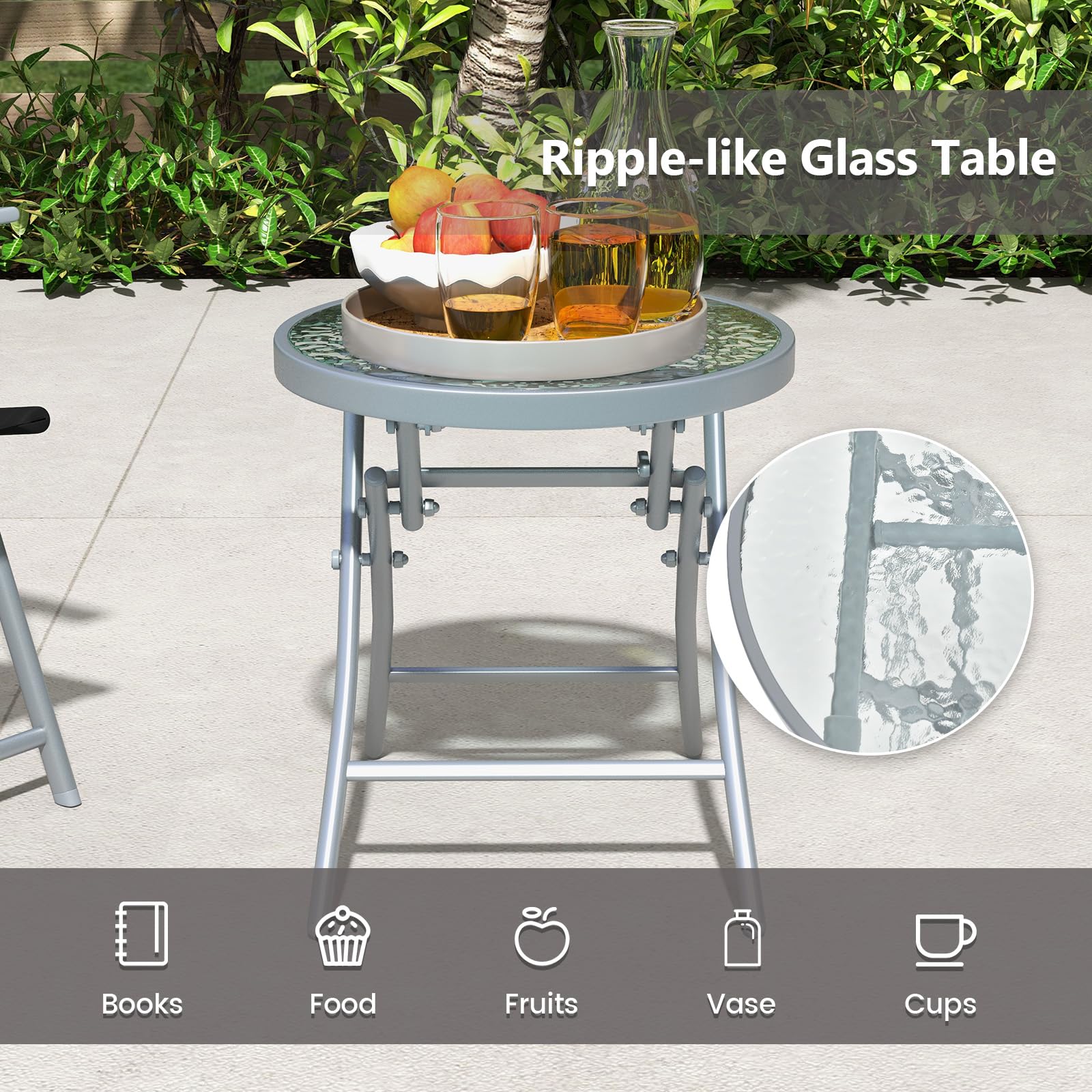 Giantex 3PCS Patio Bistro Set, Folding Outdoor Patio Table Set with 2 Foldable Chairs, 1 Ripple-Like Glass Table