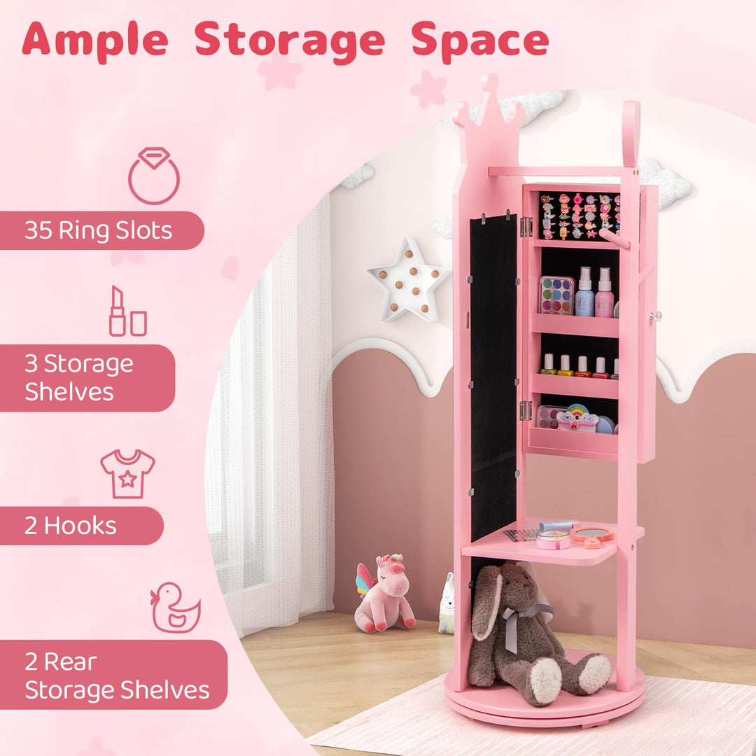 CHARMAID Kids Mirror Jewelry Cabinet - 360° Swivel Jewelry Armoire with Full Length Mirror