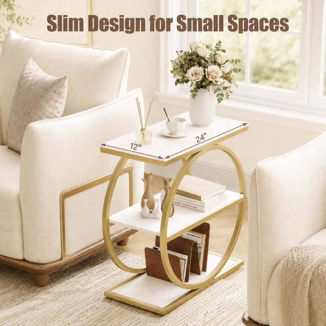 GIANTEX 3-Tier Faux Marble Narrow End Table with Storage &amp; Gold Geometric Metal Frame (1/2)