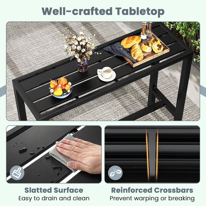 Giantex 48" Outdoor Rectangle Bar Table with Counter Height Slatted Top & Footrest, Black