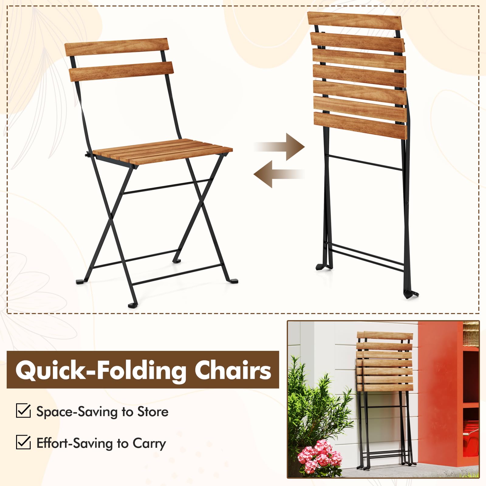 Giantex 3-Piece Acacia Wood Bistro Set with 2 Folding Chairs, Slatted Seat & Tabletop