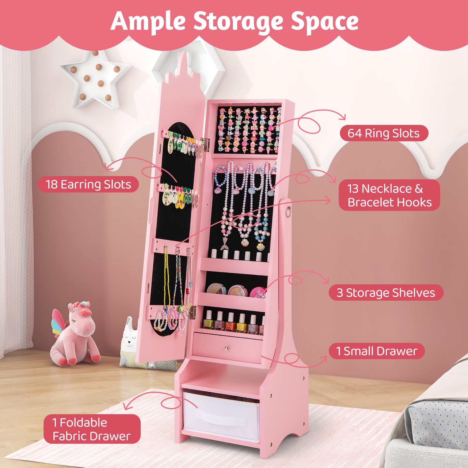 CHARMAID Kids Mirror Jewelry Cabinet - 45.5'' Full Length Mirror with Jewelry Storage