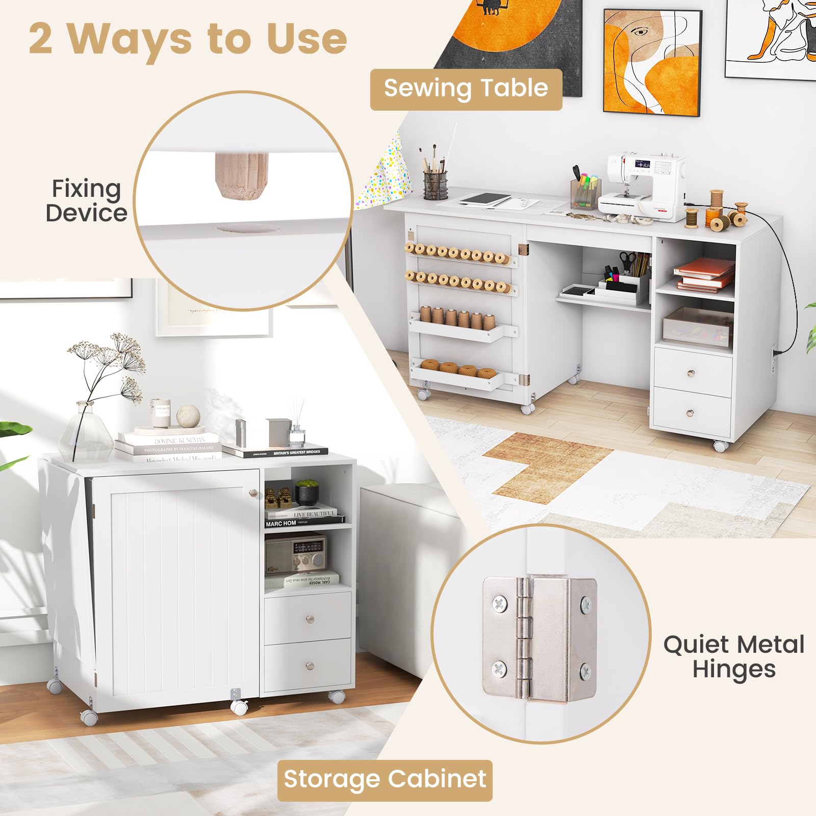 Giantex Folding Sewing Table with Charging Station, Rolling Craft Table with Storage Shelves and Drawers