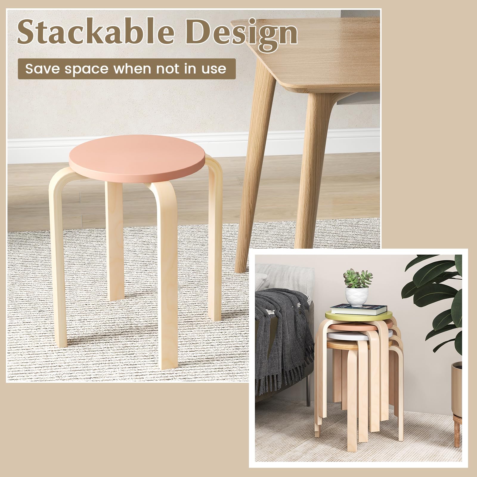 Giantex Bentwood Stackable Stools Set of 4, 18" Round Stacking Backless Nesting Stools