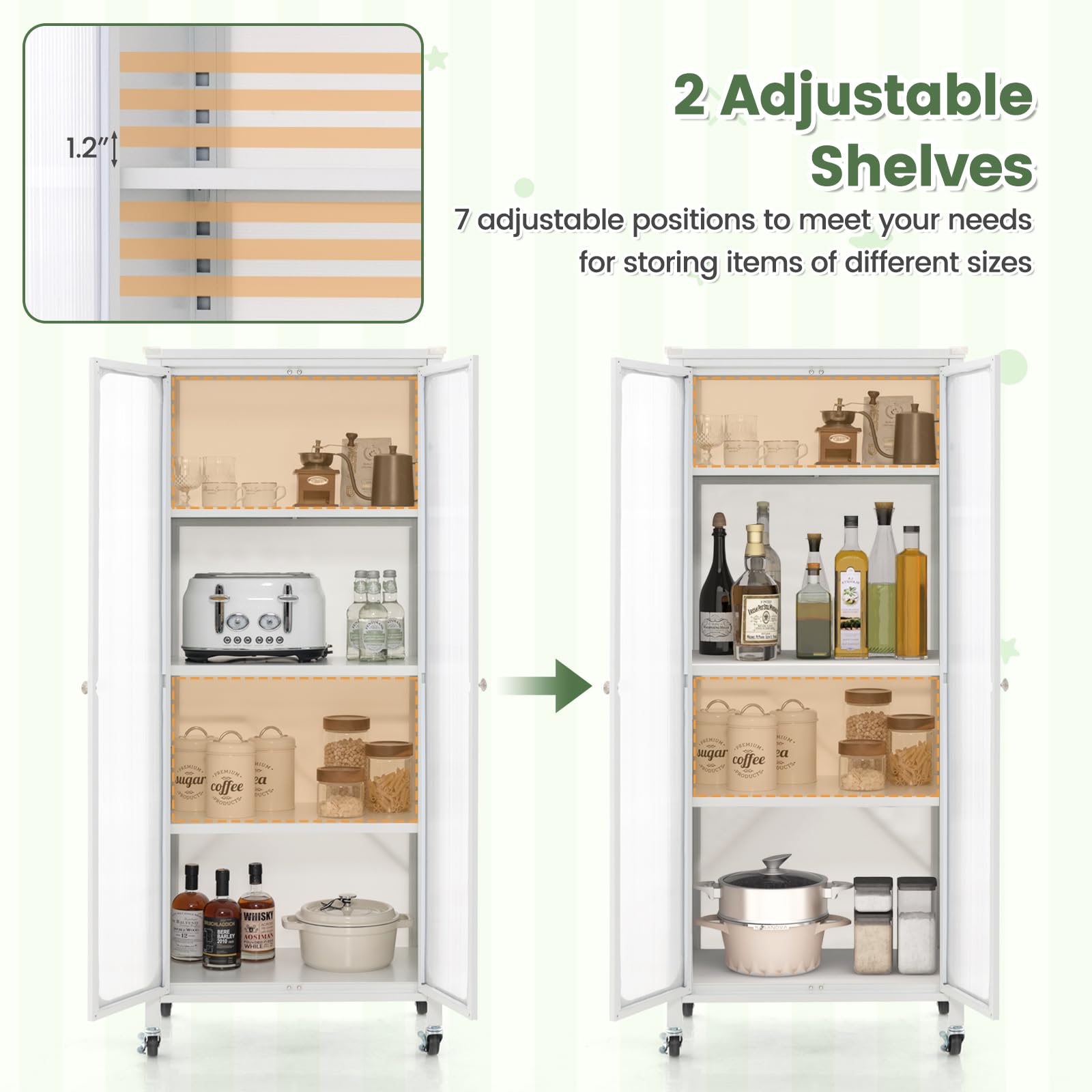 Giantex Bookcase with Doors, 58" Tall 4-Tier Bookshelf with Wheels, Adjustable Shelves (White)