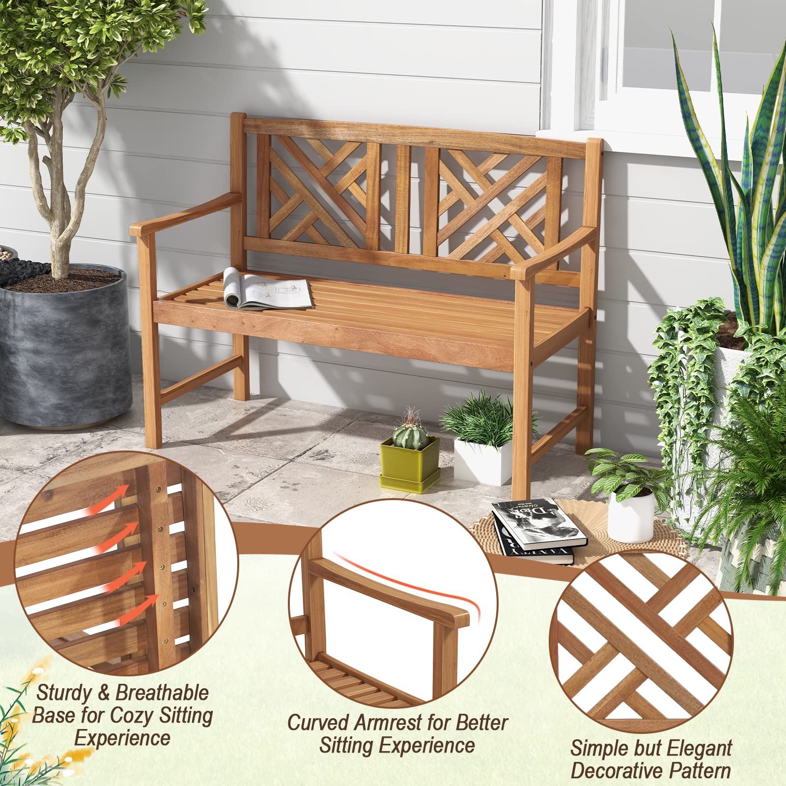 Giantex Outdoor Wooden Garden Bench - 2-Person Acacia Wood Bench, Front Porch Bench (Non-Foldable)