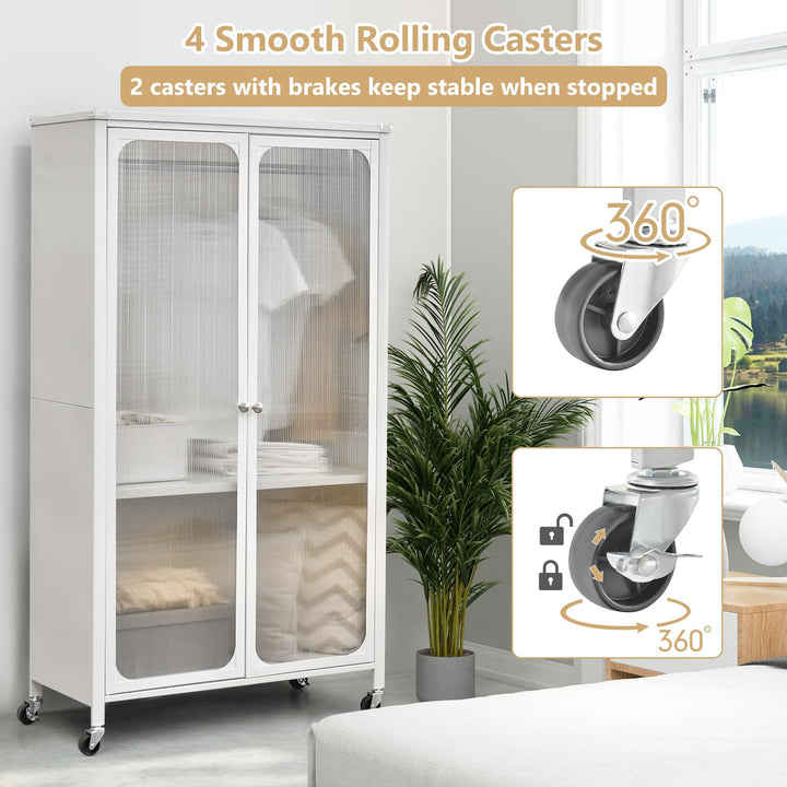 Portable Closet with Rollers, Mobile Metal Armoire Closet with Hanging Rod