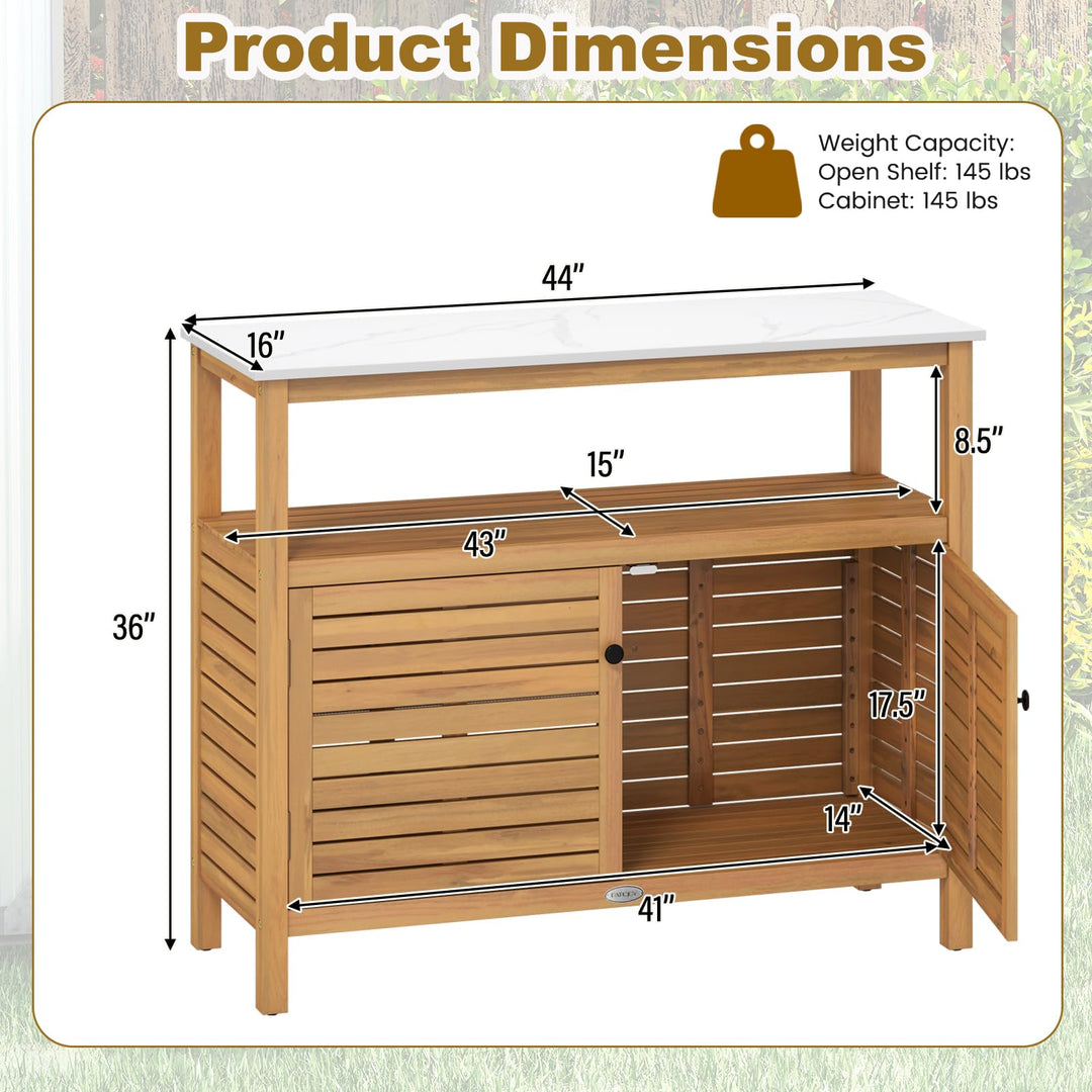 Giantex Outdoor Potting Bench Acacia Wood Large Planting Workstation with 2-Door Storage Cabinet