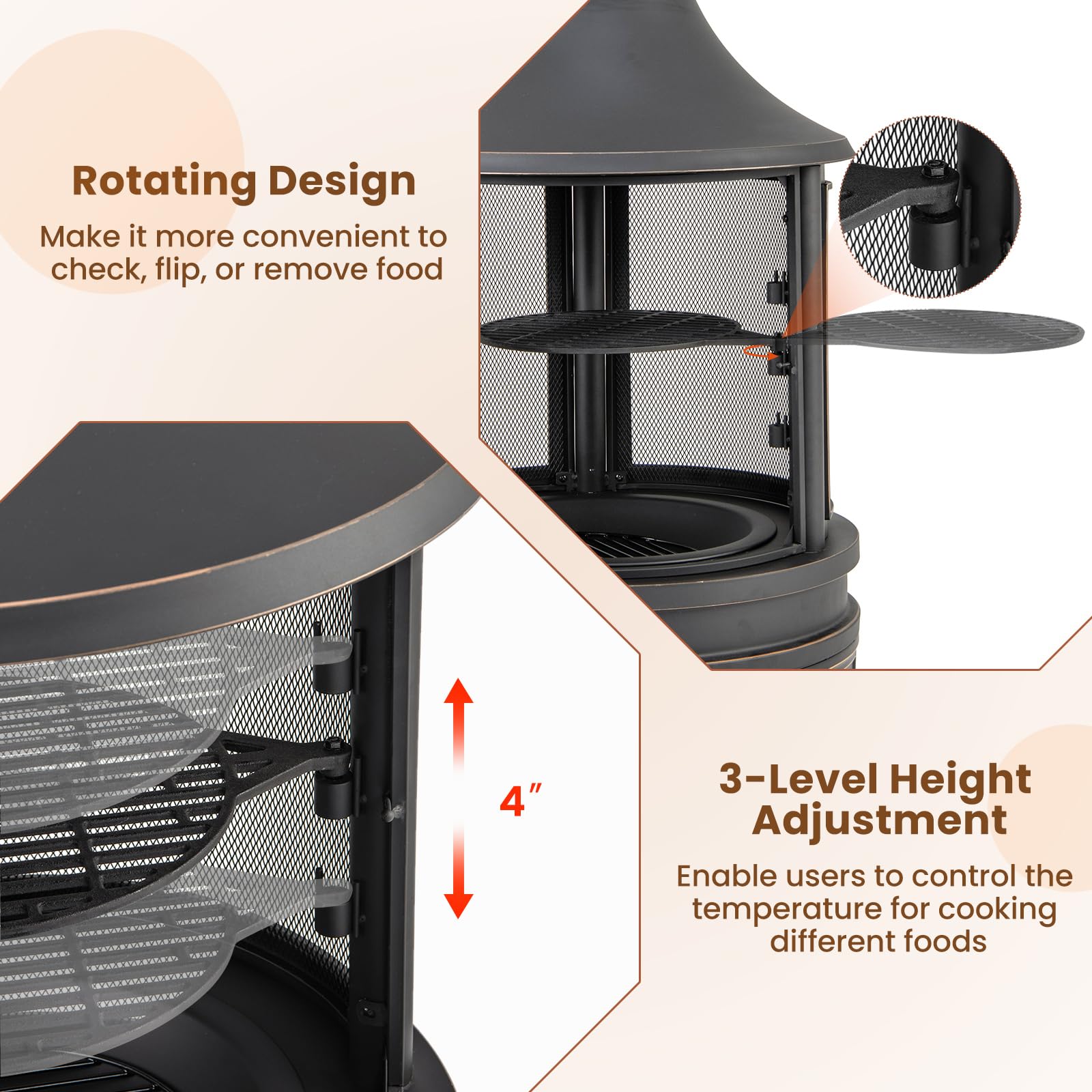 Giantex 2 in 1 Outdoor Fire Pit with Grill, 30 Inch Metal Chiminea, Wood Burning Fireplace with Chimney