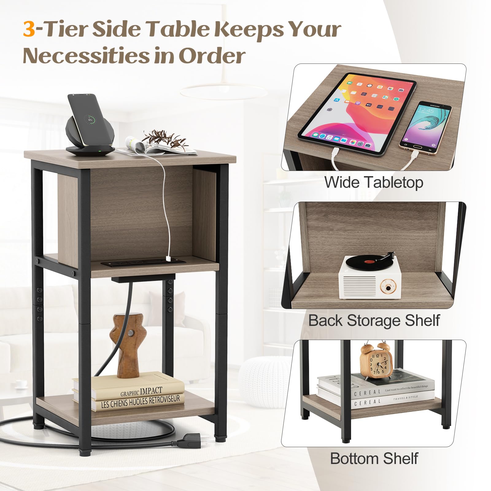 Giantex Nightstand with Charging Station, 3-Tier End Table with USB Ports & Power Outlets